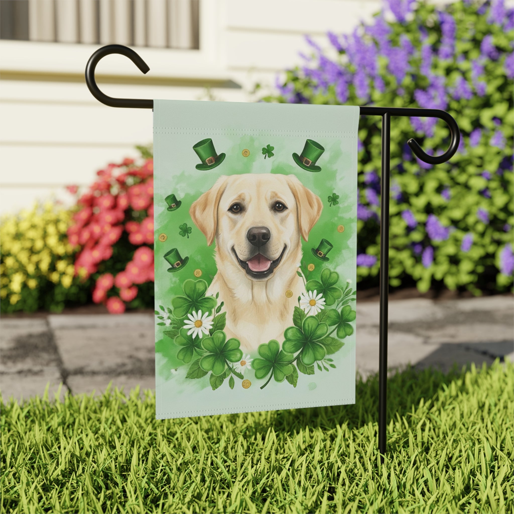 Shamrock and Yellow Labrador Retriever St. Patrick's Garden Flag - close-up detail - Dragonfire Gardens