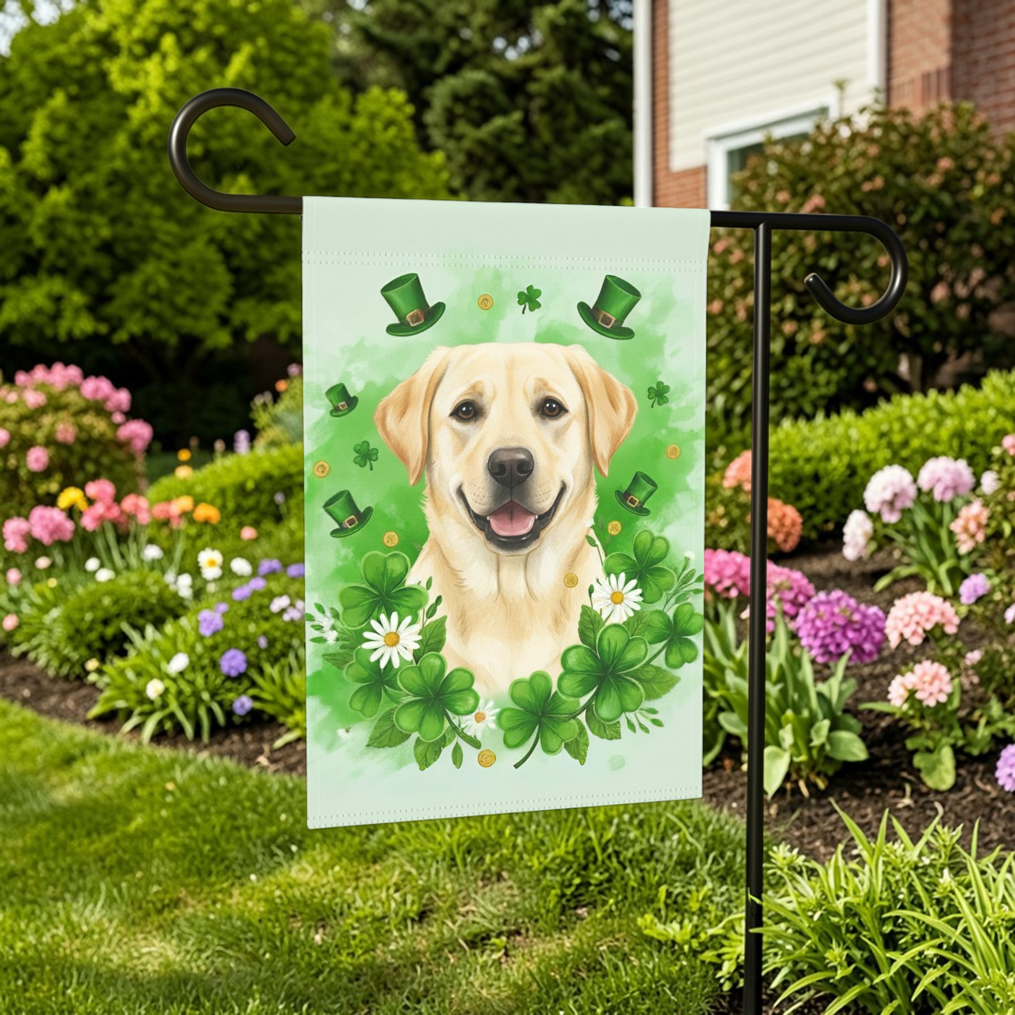 Shamrock and Yellow Labrador Retriever St. Patrick's Garden Flag - outdoor display - Dragonfire Gardens