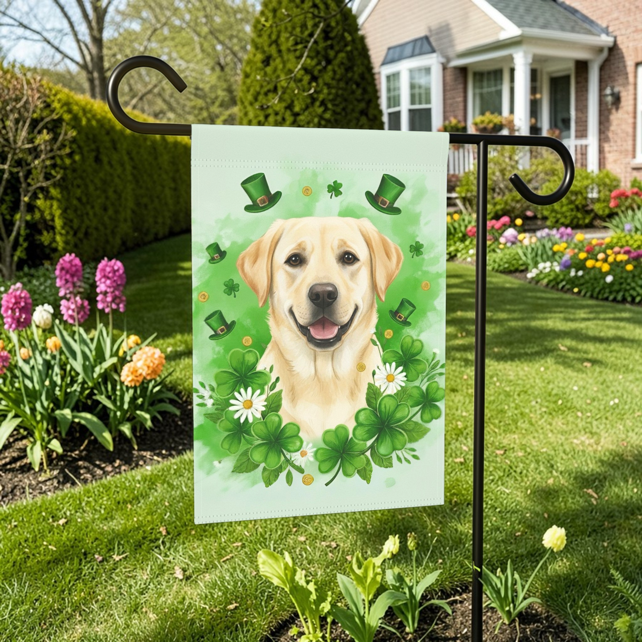 Shamrock and Yellow Labrador Retriever St. Patrick's Garden Flag - front view - Dragonfire Gardens