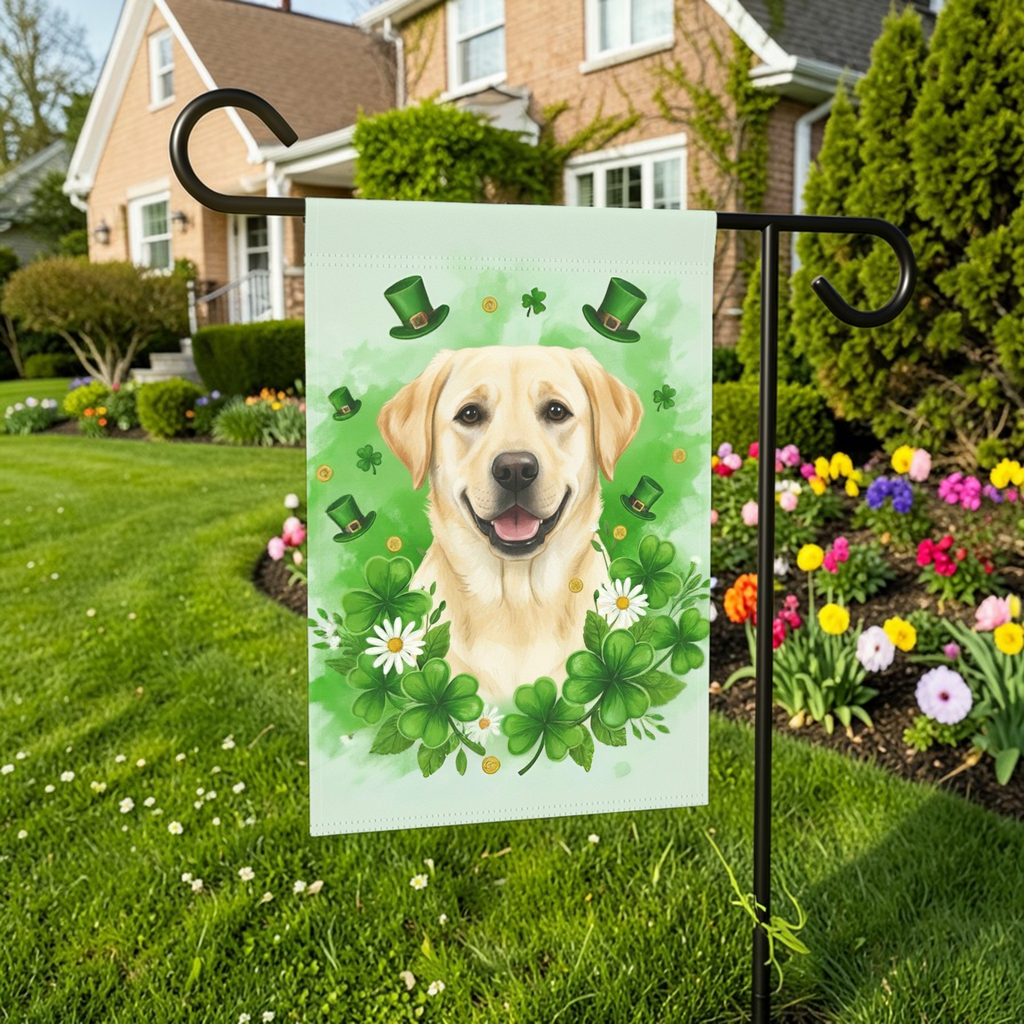 Shamrock and Yellow Labrador Retriever St. Patrick's Garden Flag - lifestyle display - Dragonfire Gardens