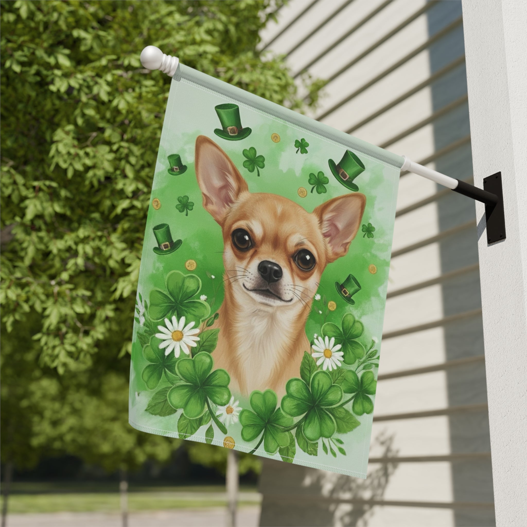 Shamrocks and Chihuahua St. Patrick's Day Garden Flag - close-up detail - Dragonfire Gardens