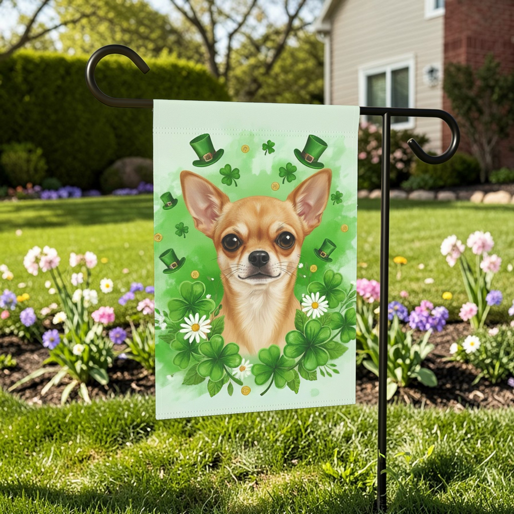 Shamrocks and Chihuahua St. Patrick's Day Garden Flag - lifestyle display - Dragonfire Gardens