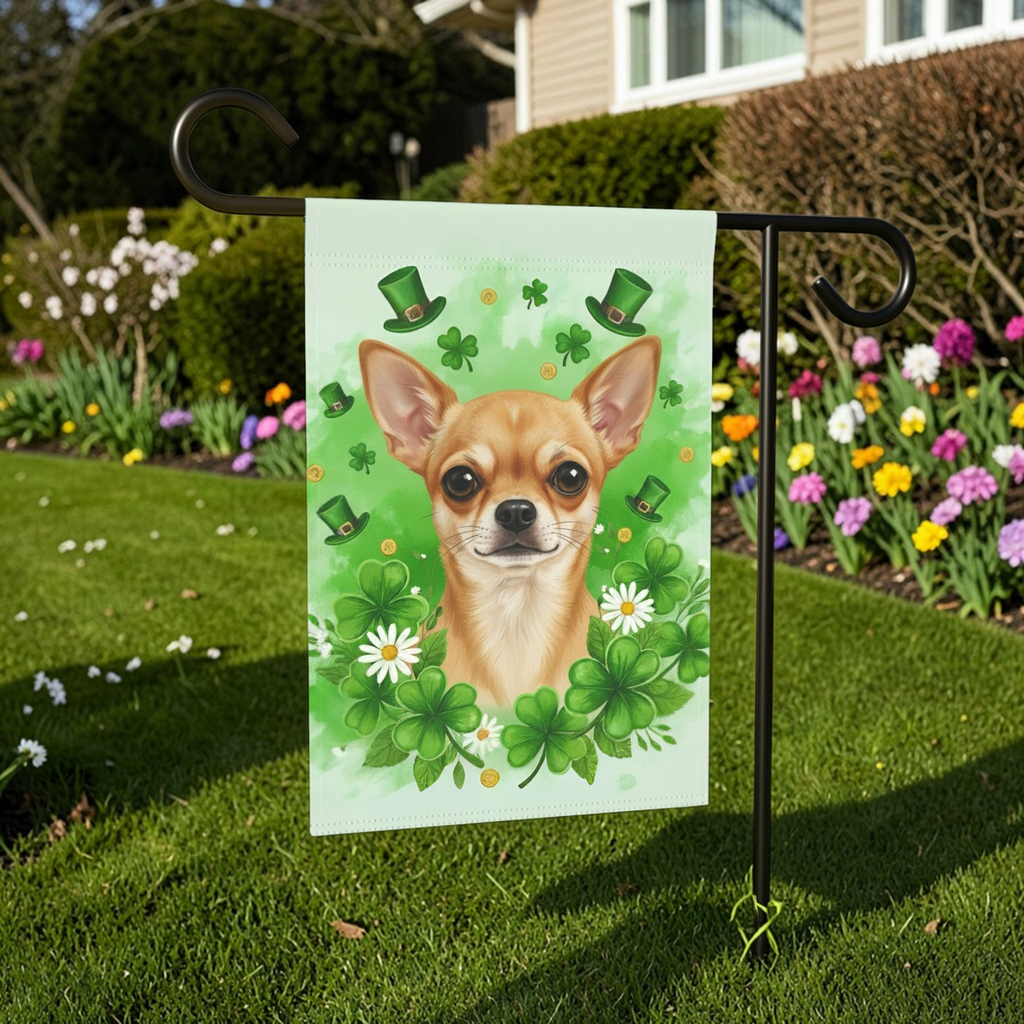 Shamrocks and Chihuahua St. Patrick's Day Garden Flag - size comparison - Dragonfire Gardens
