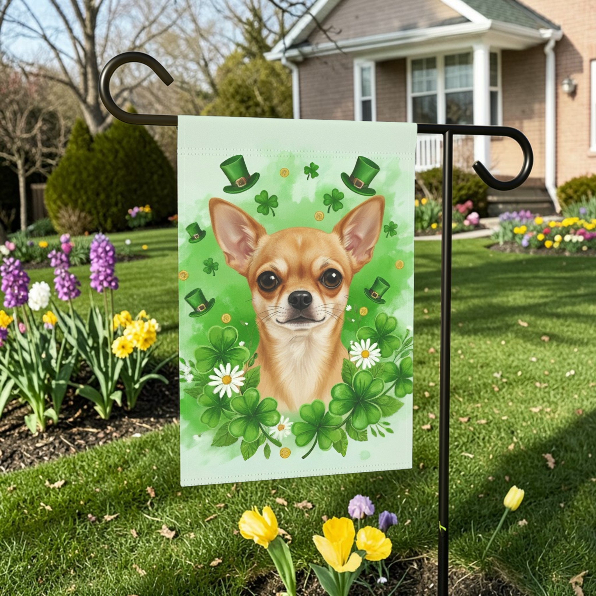 Shamrocks and Chihuahua St. Patrick's Day Garden Flag - front view - Dragonfire Gardens