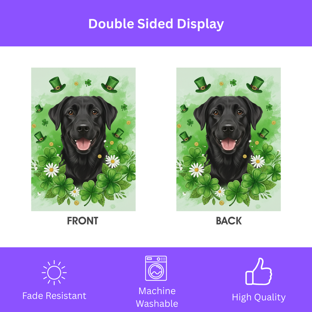 Shamrocks and Black Labrador St. Patrick’s Garden Flag - double-sided design - Dragonfire Gardens