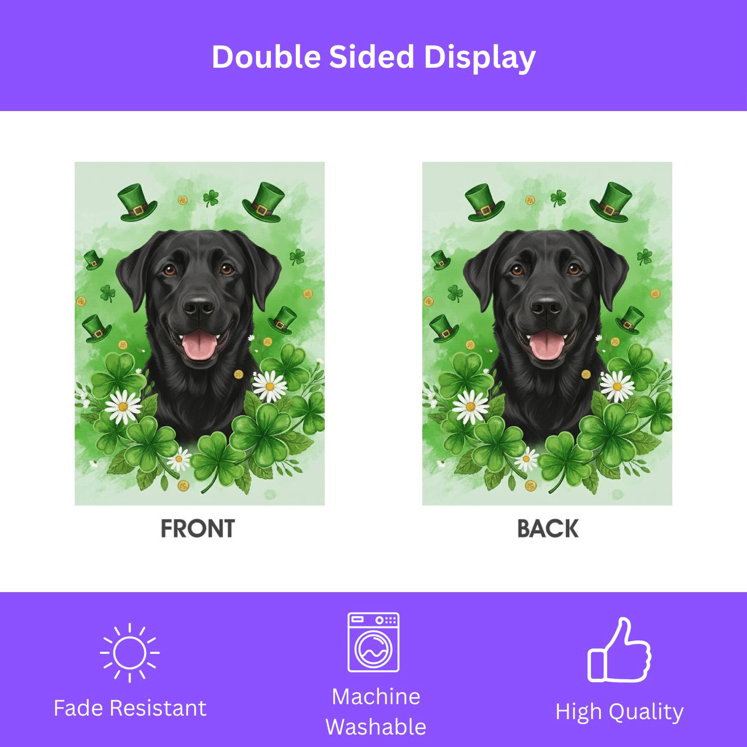 Shamrocks and Black Labrador St. Patrick’s Garden Flag - double-sided design - Dragonfire Gardens