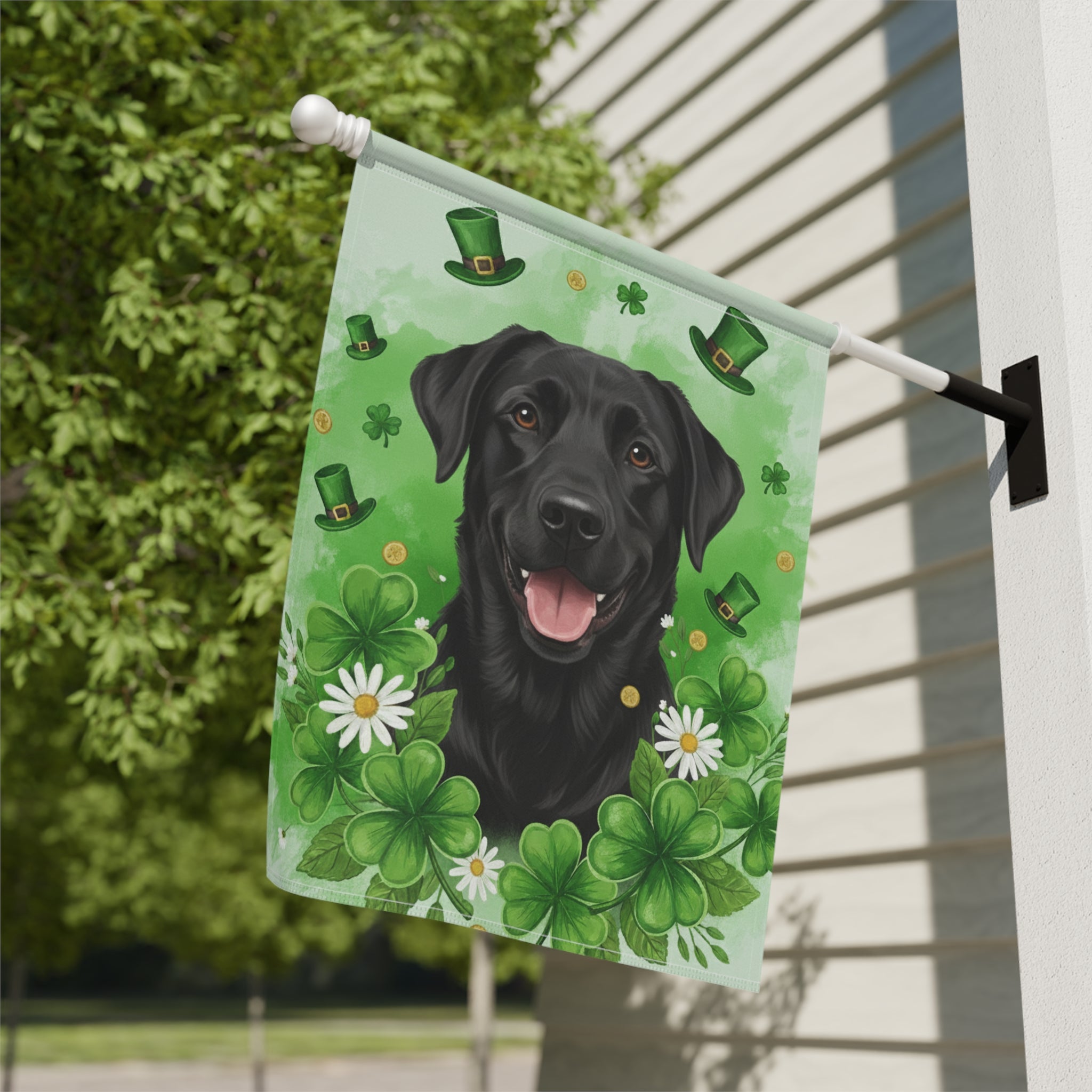 Shamrocks and Black Labrador St. Patrick’s Garden Flag - close-up detail - Dragonfire Gardens
