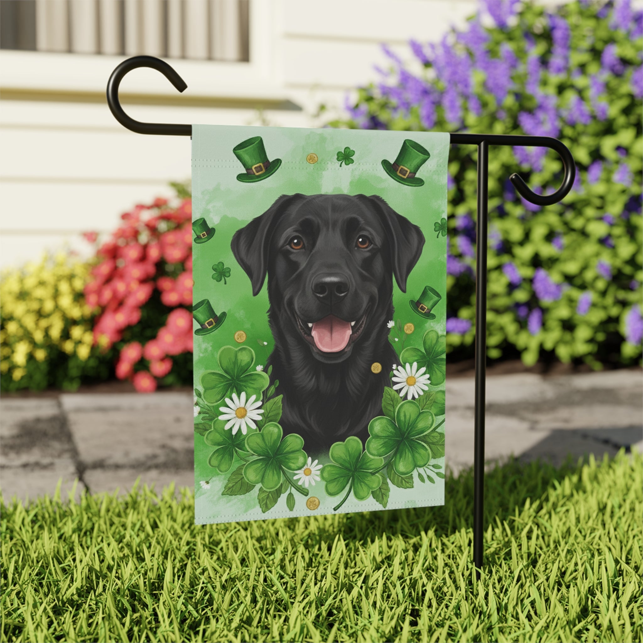 Shamrocks and Black Labrador St. Patrick’s Garden Flag - outdoor display - Dragonfire Gardens