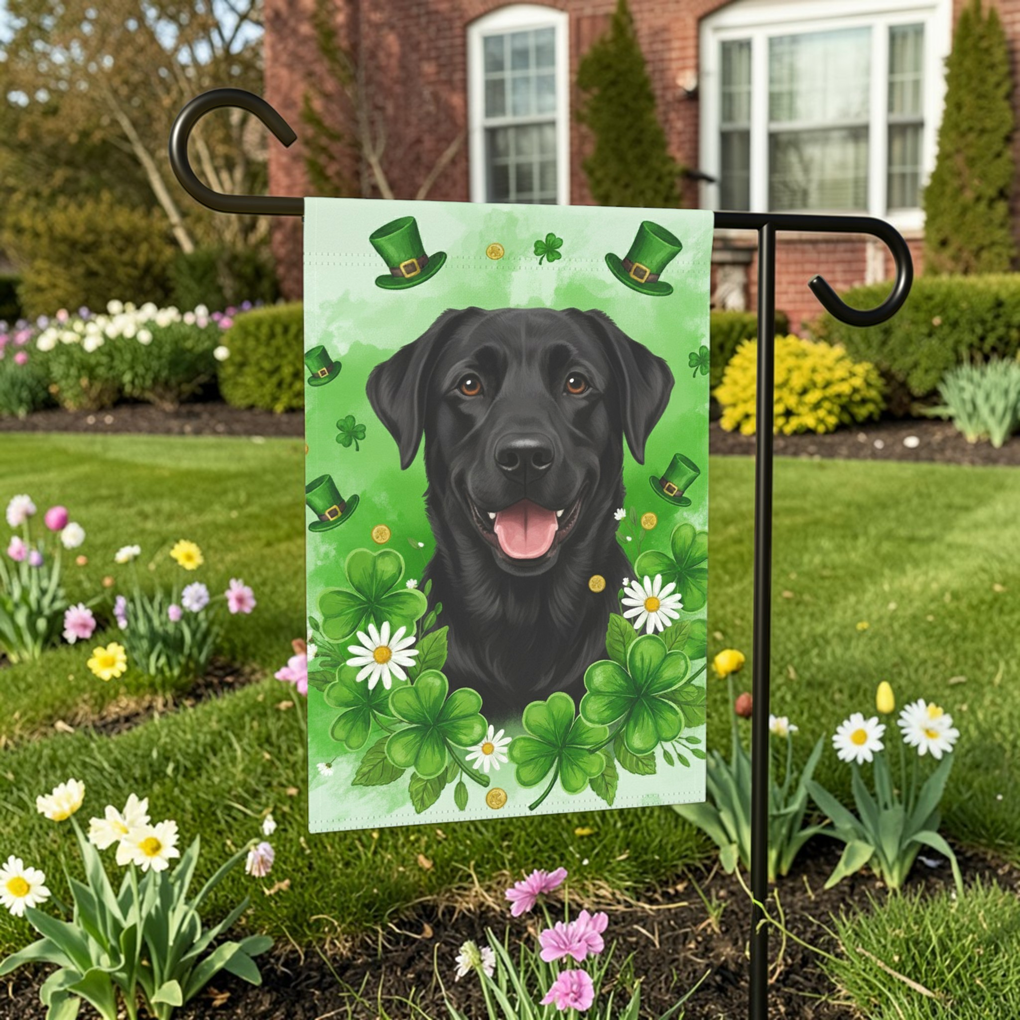 Shamrocks and Black Labrador St. Patrick’s Garden Flag - size comparison - Dragonfire Gardens