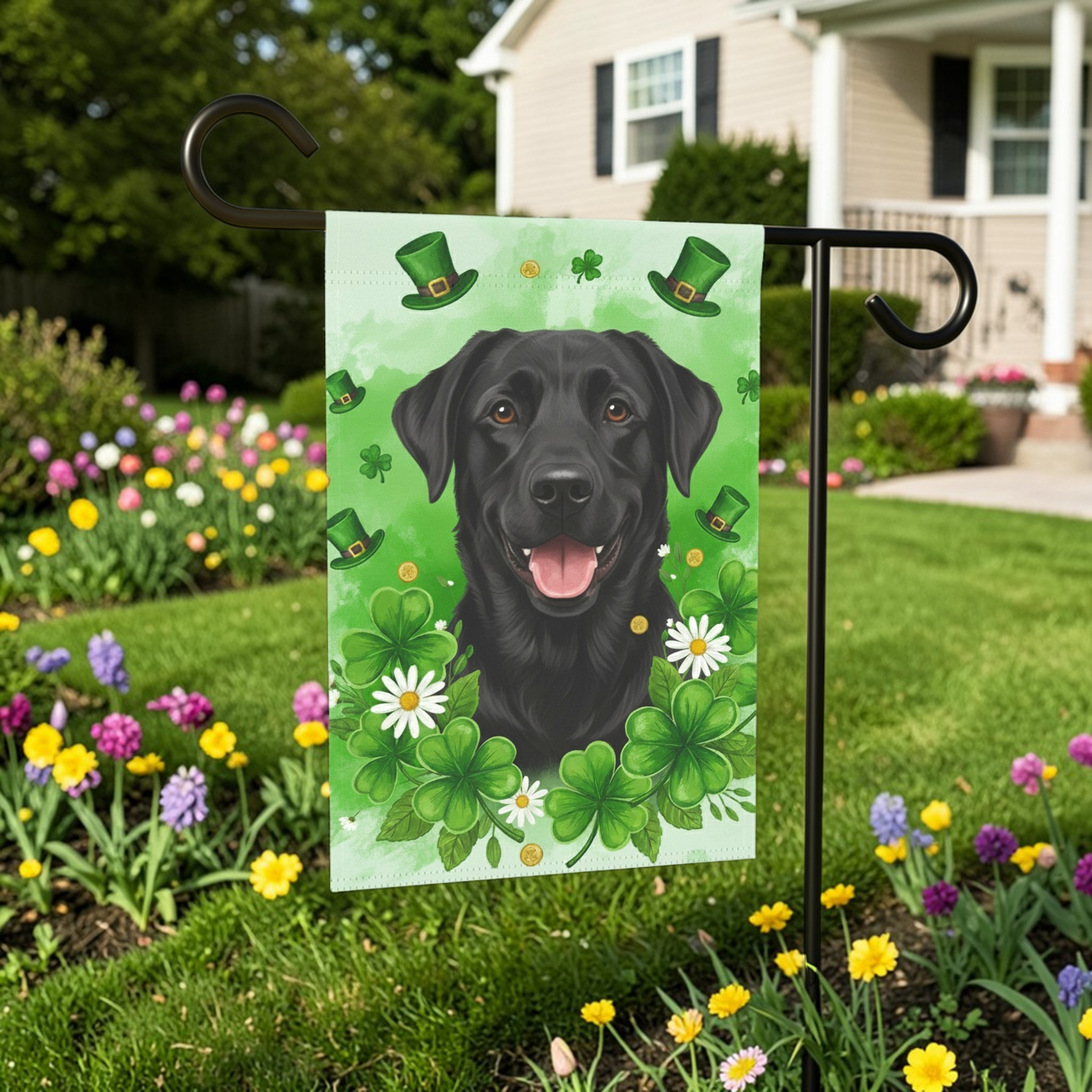 Shamrocks and Black Labrador St. Patrick’s Garden Flag - lifestyle display - Dragonfire Gardens