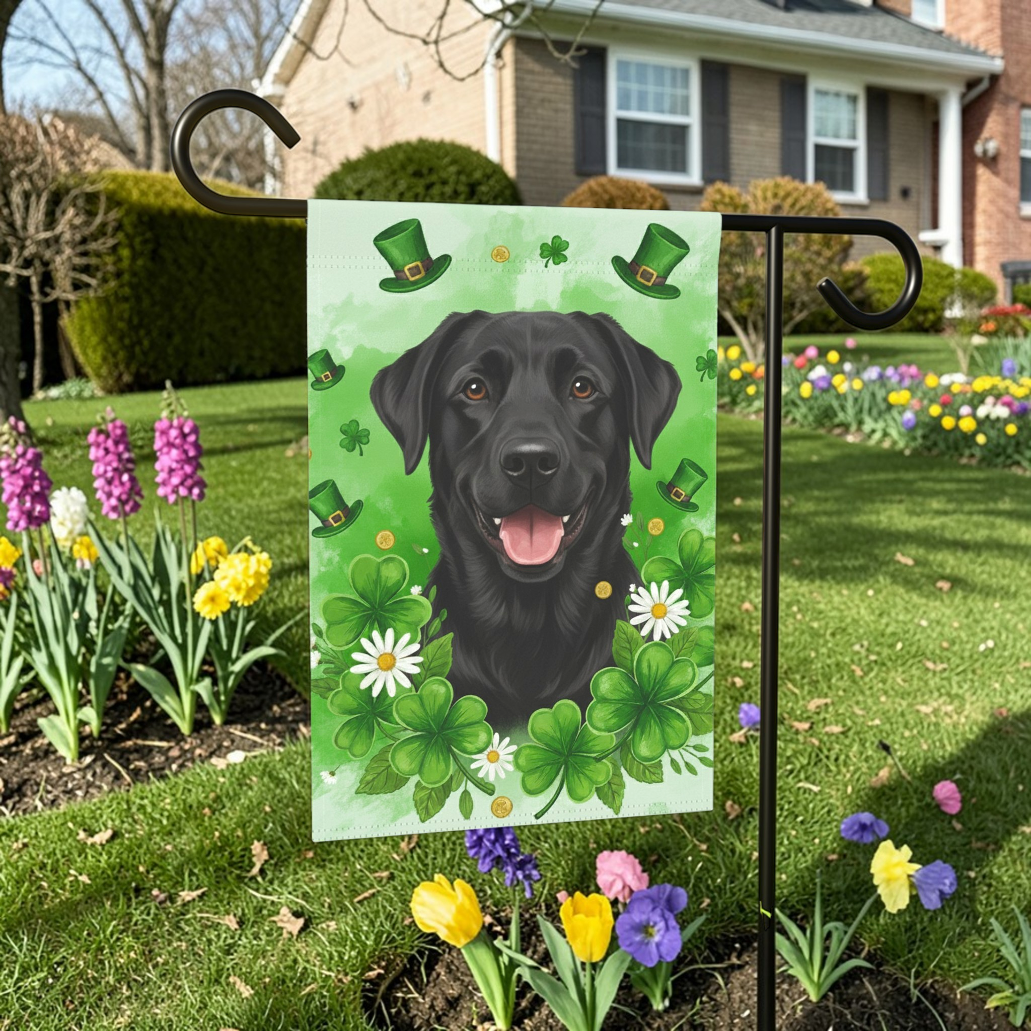 Shamrocks and Black Labrador St. Patrick’s Garden Flag - front view - Dragonfire Gardens