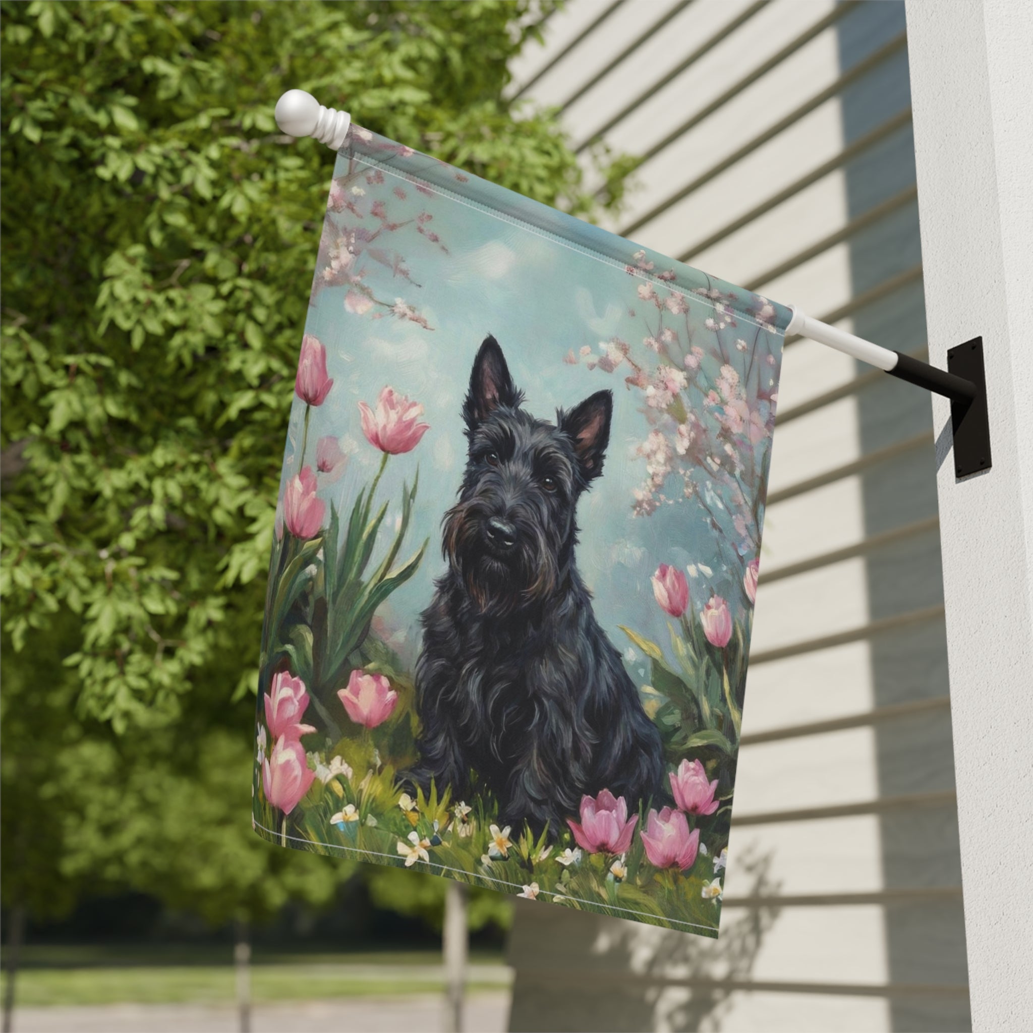 Scottish Terrier In Tulips Spring Garden Flag - close-up detail - Dragonfire Gardens