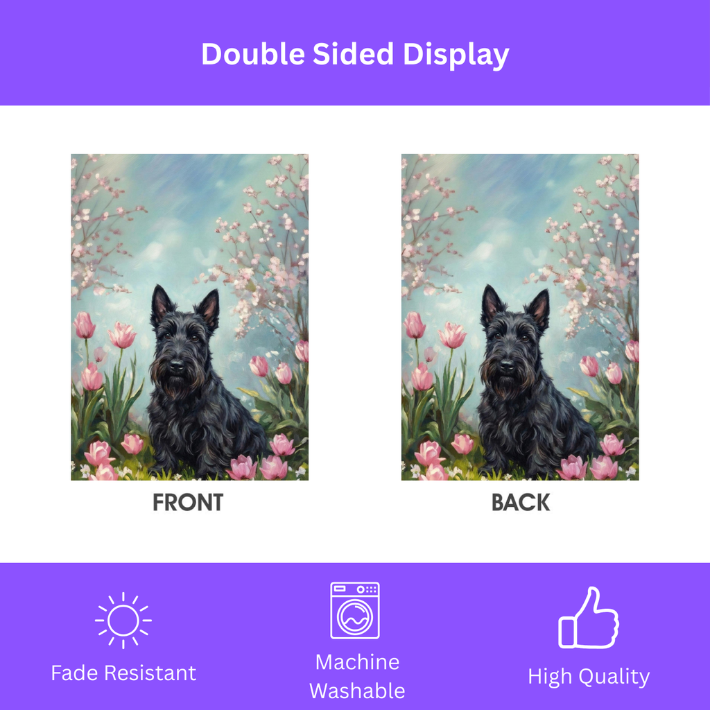 Scottish Terrier In Tulips Spring Garden Flag - double-sided design - Dragonfire Gardens
