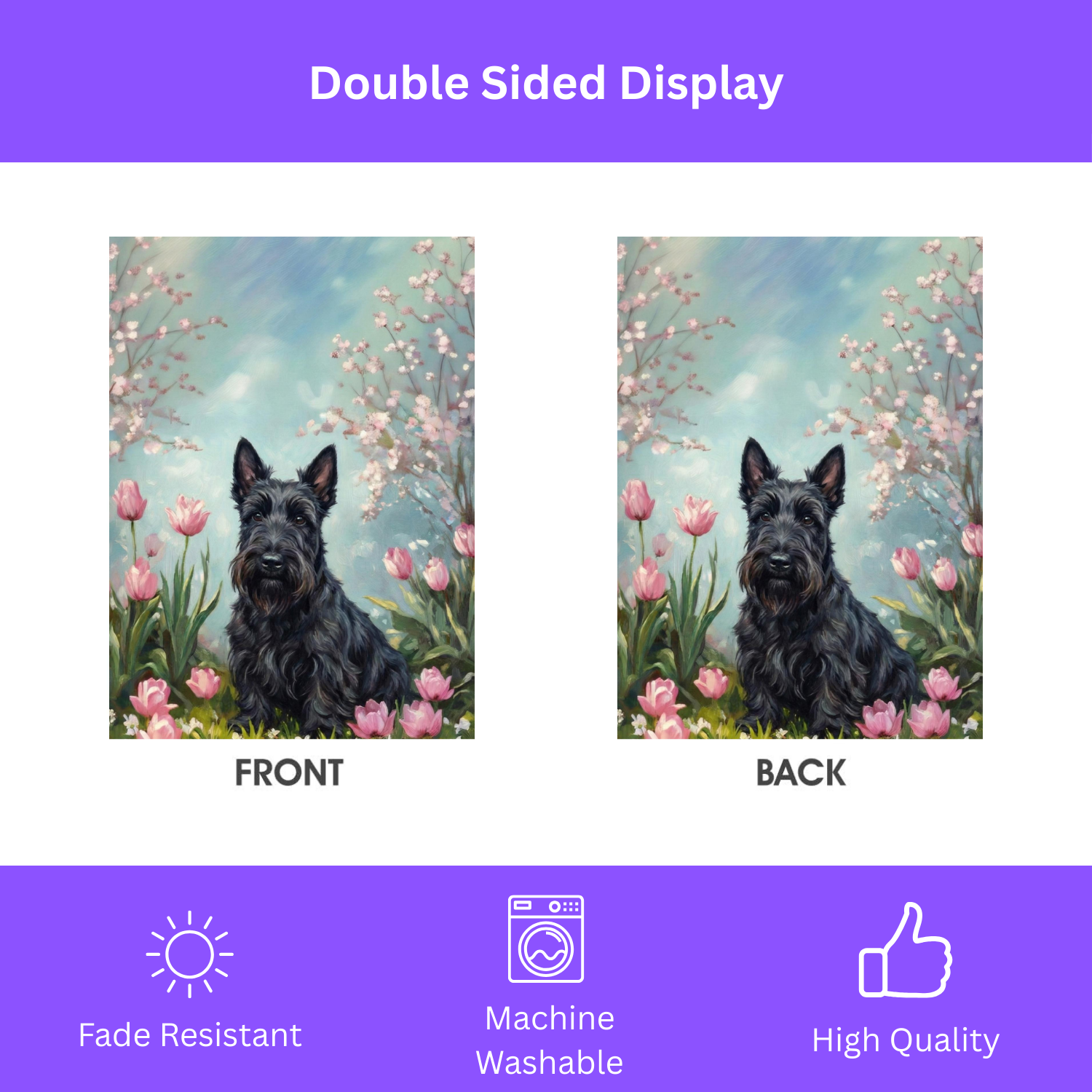 Scottish Terrier In Tulips Spring Garden Flag - double-sided design - Dragonfire Gardens