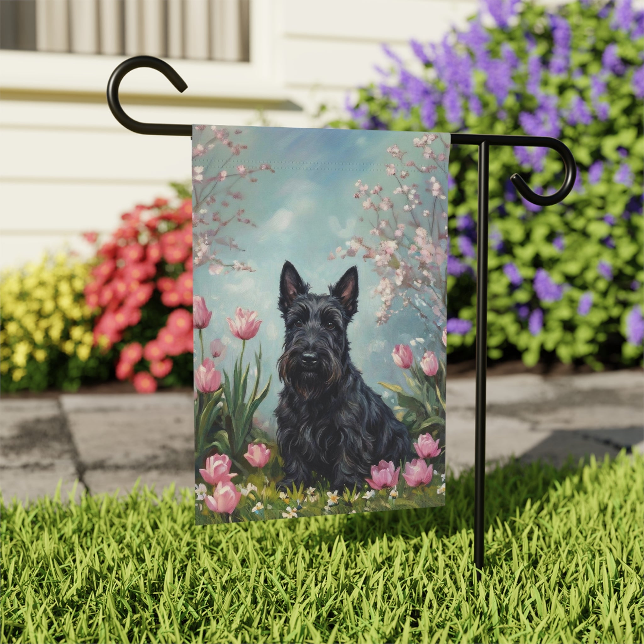 Scottish Terrier In Tulips Spring Garden Flag - outdoor display - Dragonfire Gardens