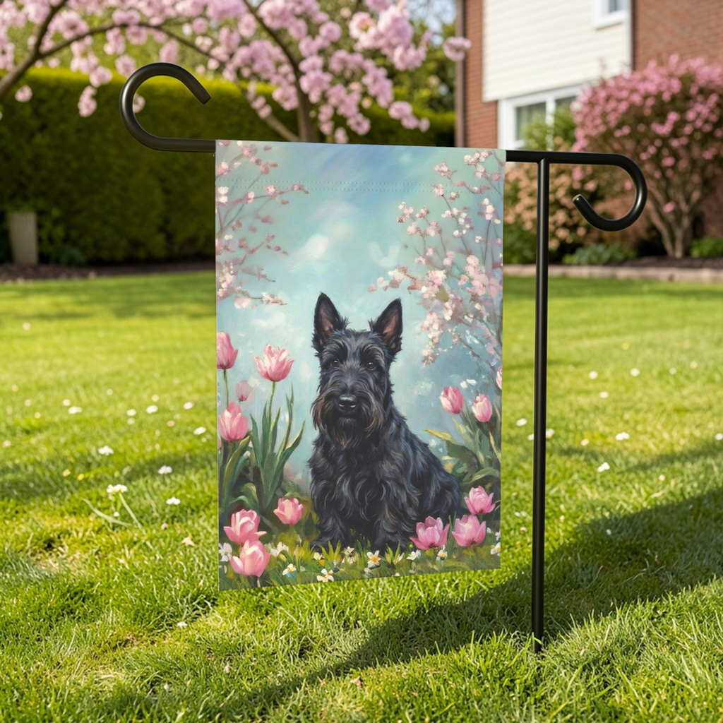 Scottish Terrier In Tulips Spring Garden Flag - size comparison - Dragonfire Gardens