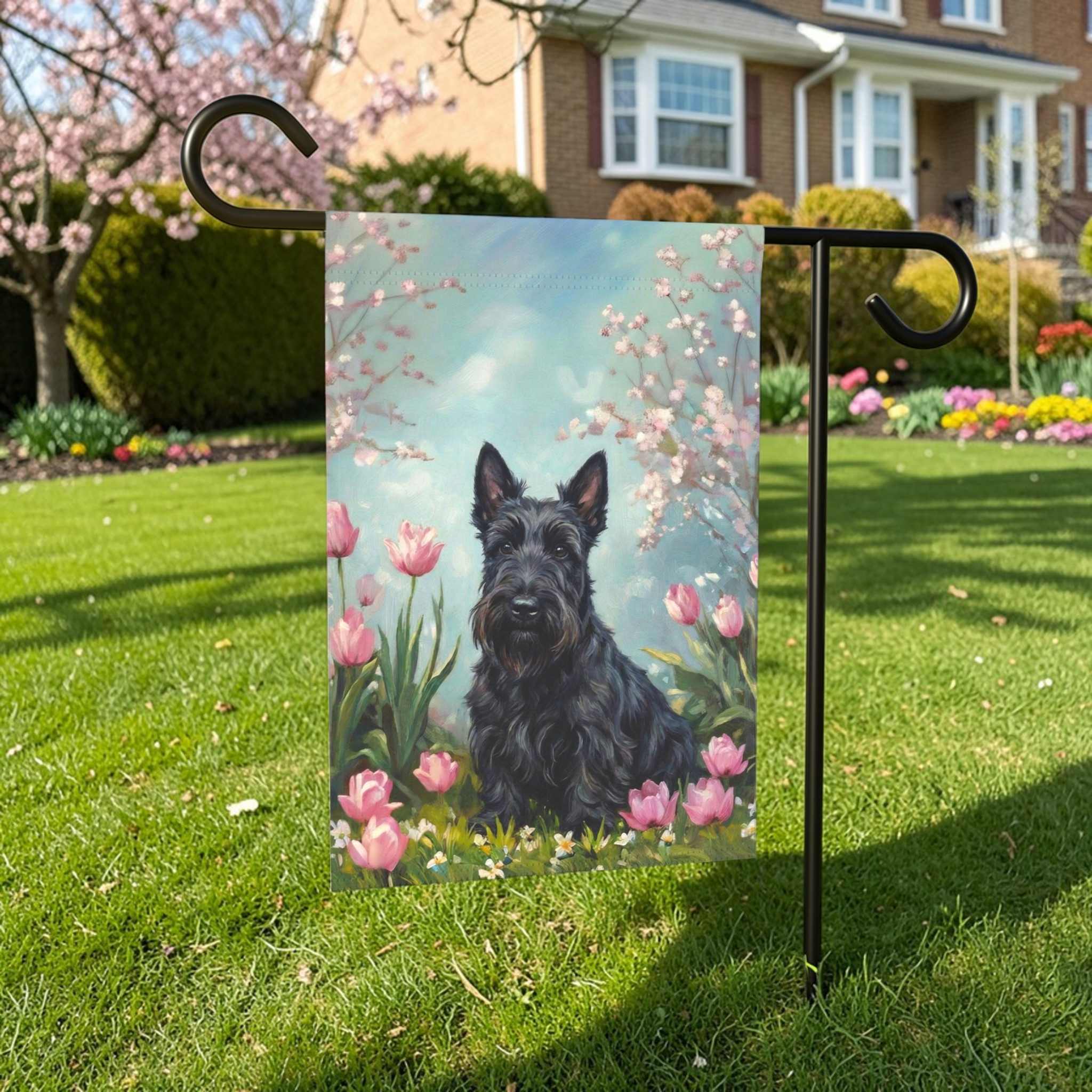 Scottish Terrier In Tulips Spring Garden Flag - front view - Dragonfire Gardens