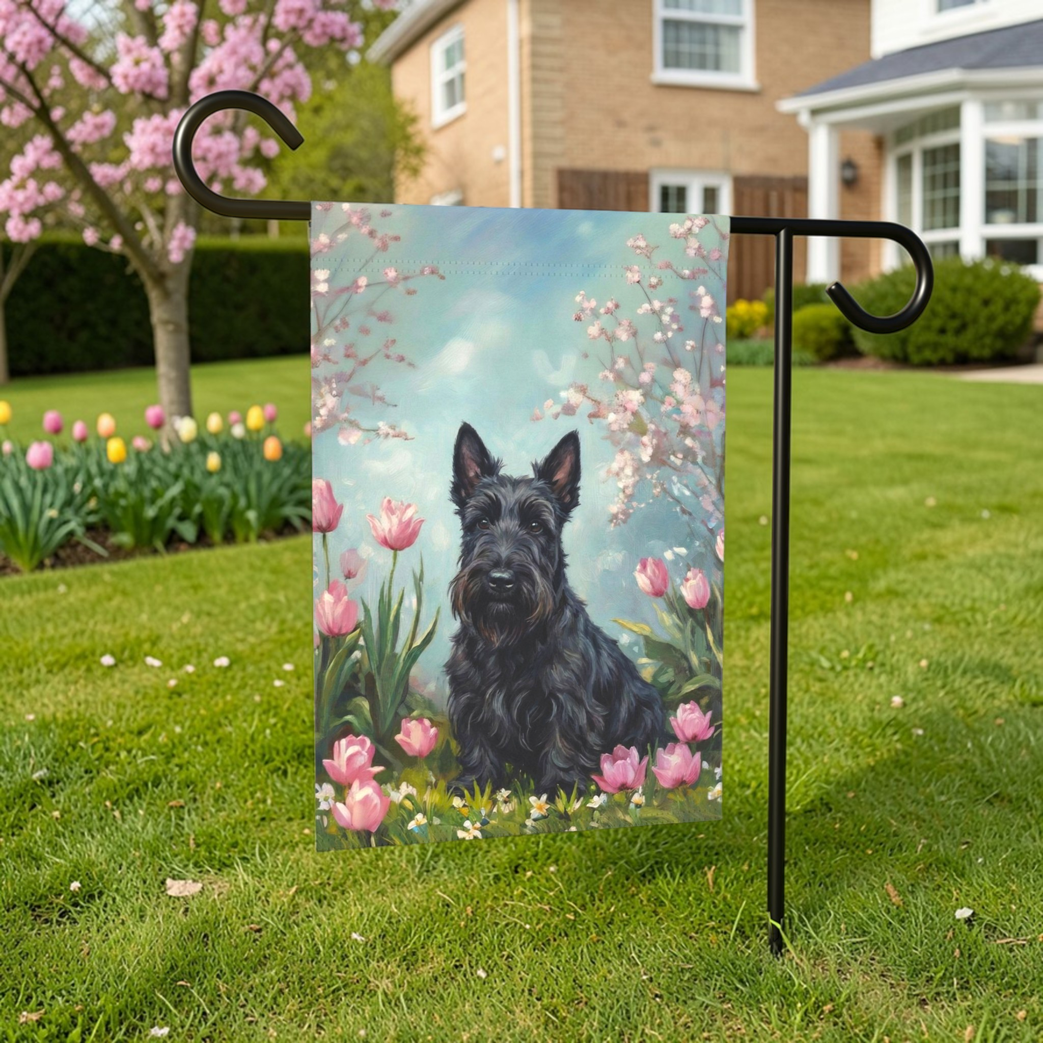 Scottish Terrier In Tulips Spring Garden Flag - lifestyle display - Dragonfire Gardens