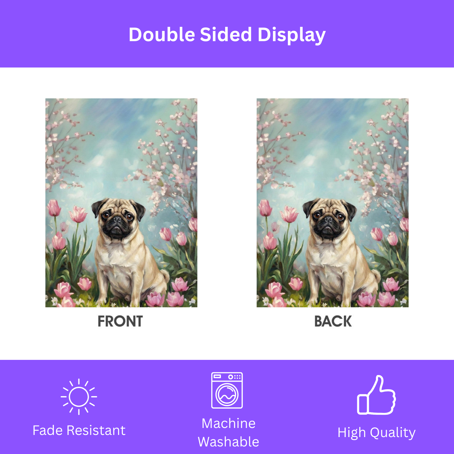 Pug in Tulips Spring Garden Flag