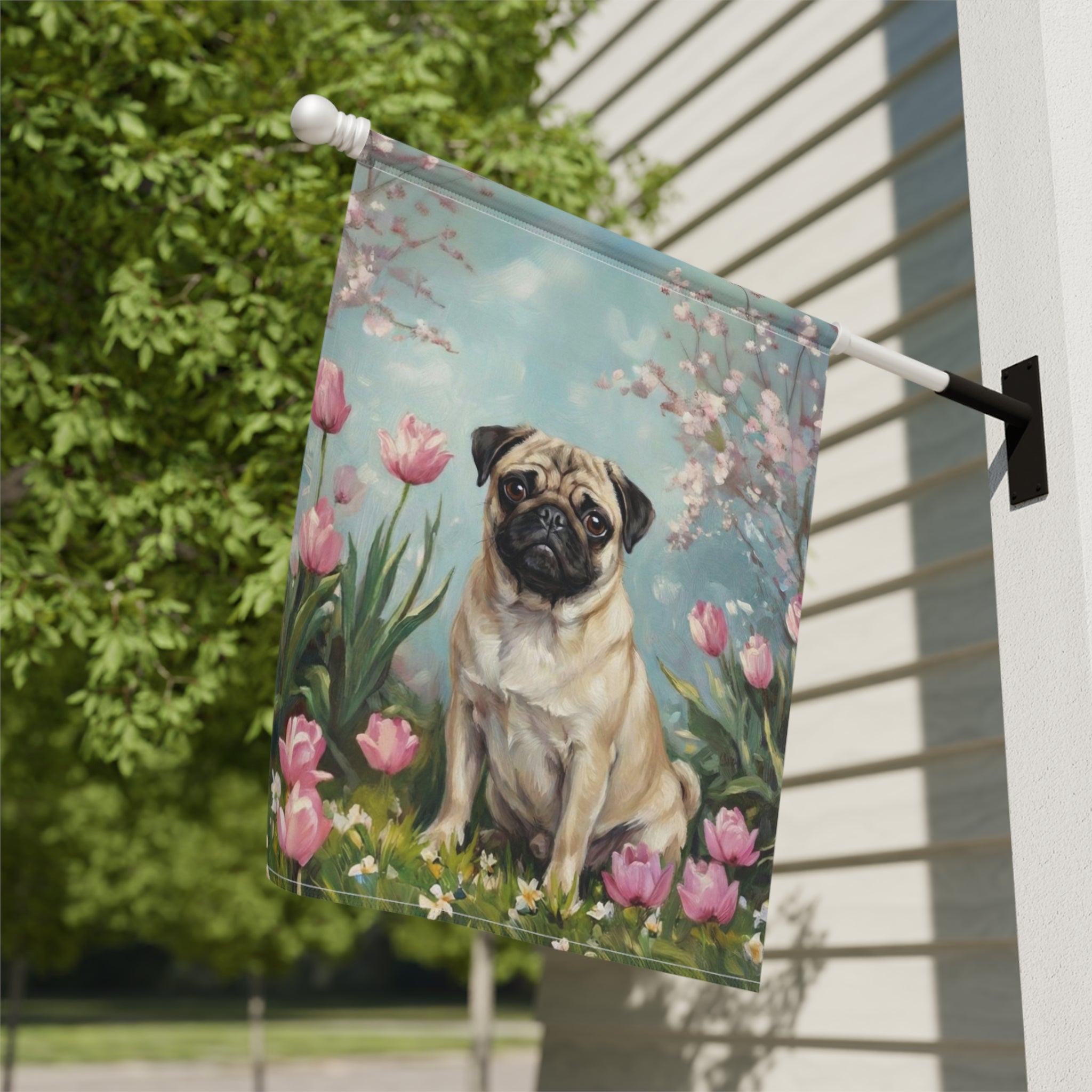 Pug in Tulips Spring Garden Flag