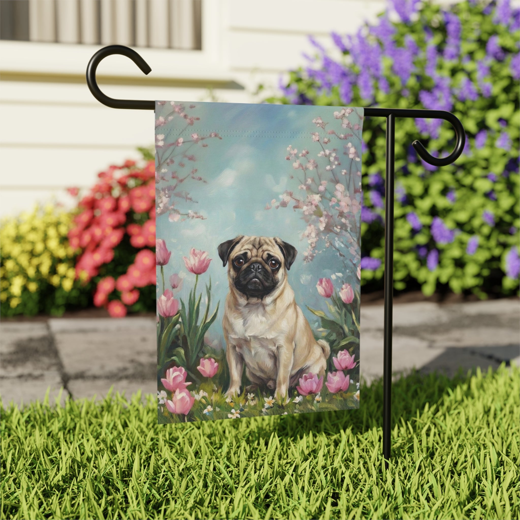 Pug in Tulips Spring Garden Flag