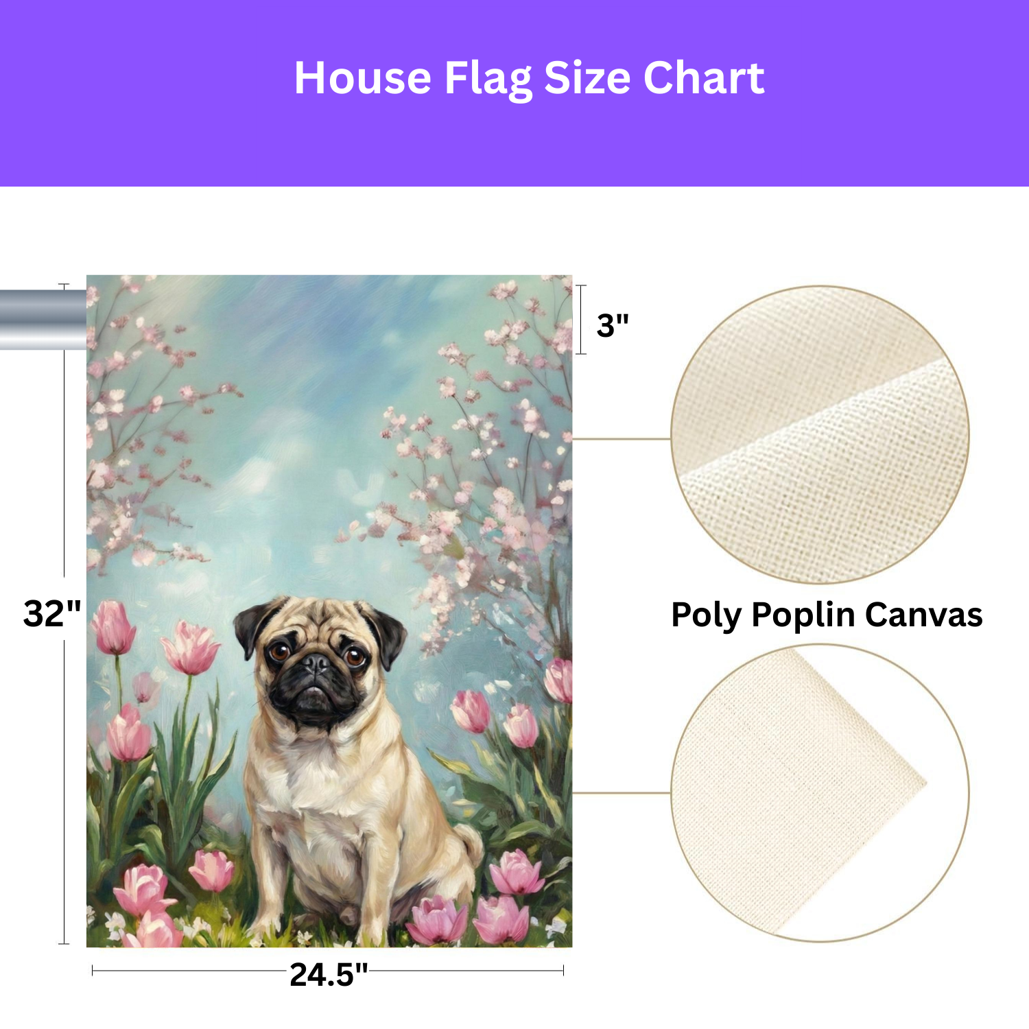 Pug in Tulips Spring Garden Flag