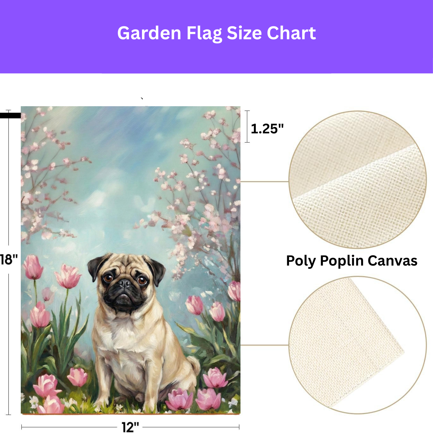 Pug in Tulips Spring Garden Flag