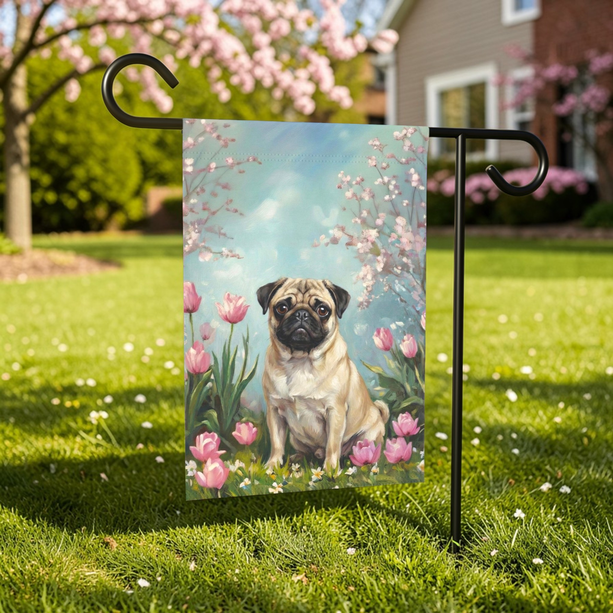 Pug in Tulips Spring Garden Flag