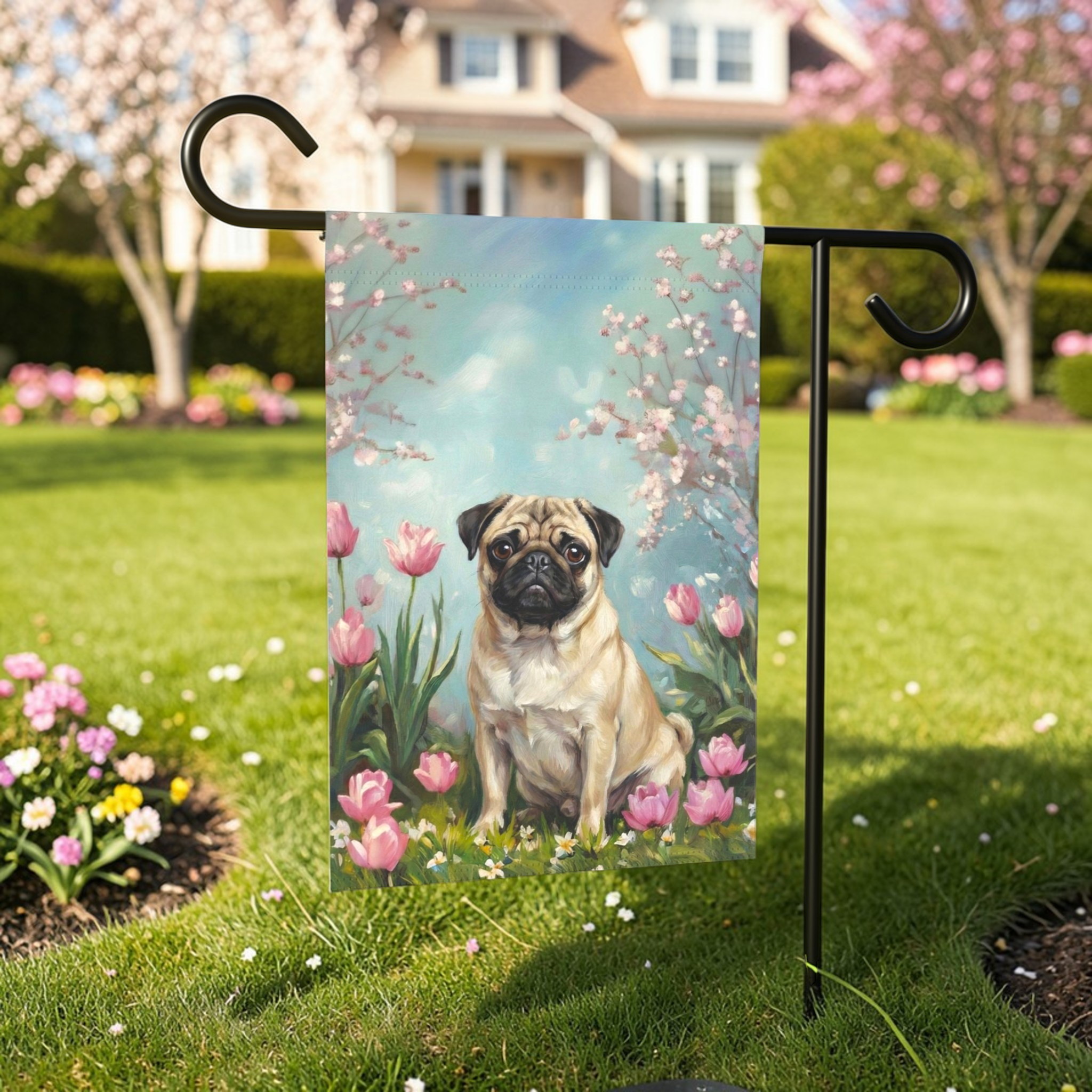 Pug in Tulips Spring Garden Flag
