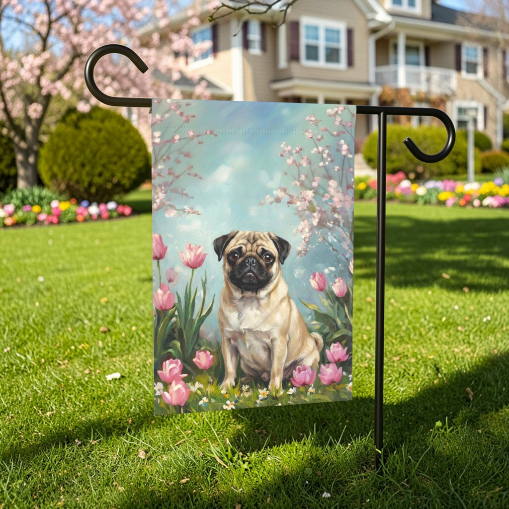 Pug in Tulips Spring Garden Flag - lifestyle display - Dragonfire Gardens