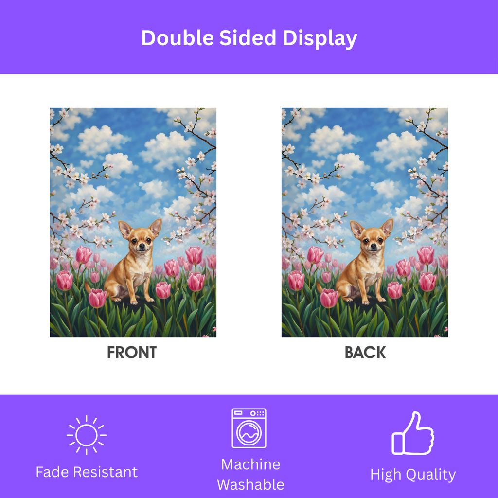 Pink Tulips Chihuahua Spring Garden Flag - double-sided design - Dragonfire Gardens
