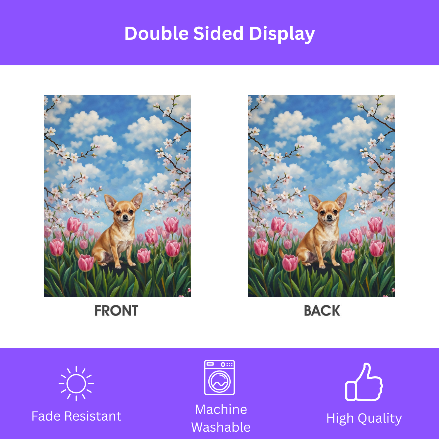 Pink Tulips Chihuahua Spring Garden Flag - double-sided design - Dragonfire Gardens