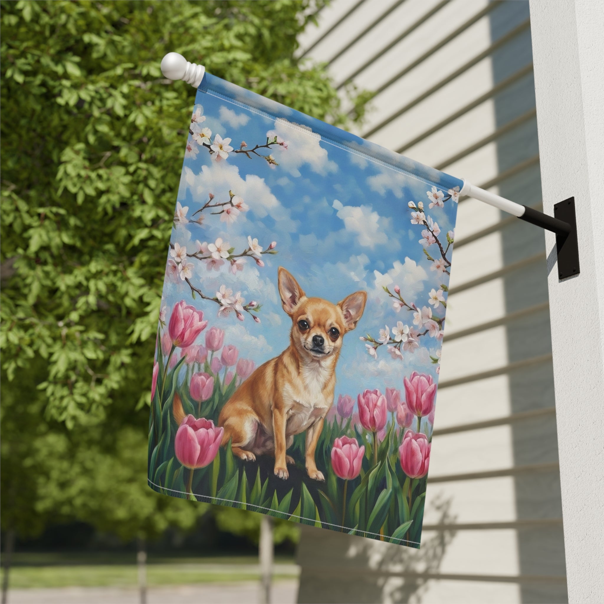 Pink Tulips Chihuahua Spring Garden Flag - close-up detail - Dragonfire Gardens