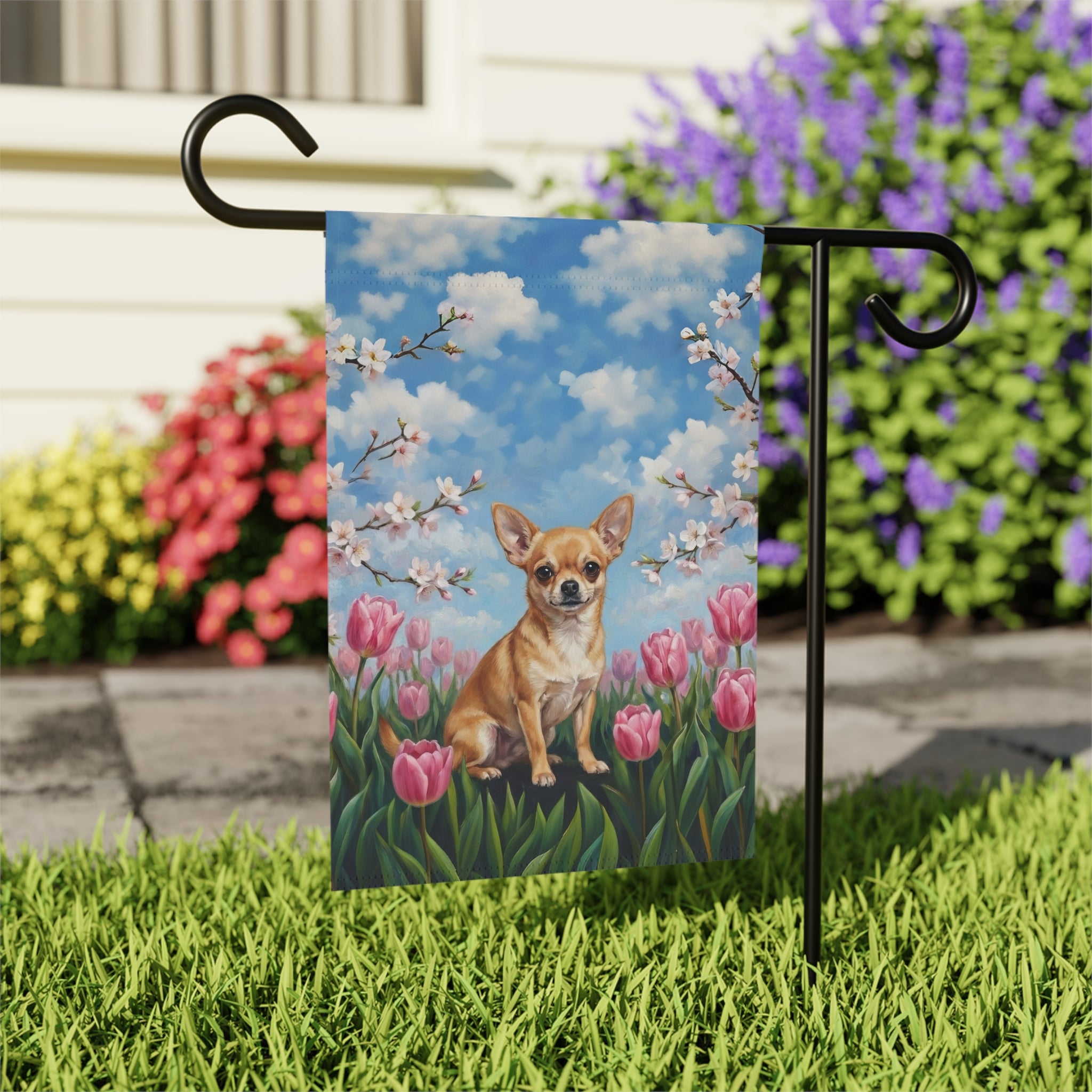 Pink Tulips Chihuahua Spring Garden Flag - outdoor display - Dragonfire Gardens