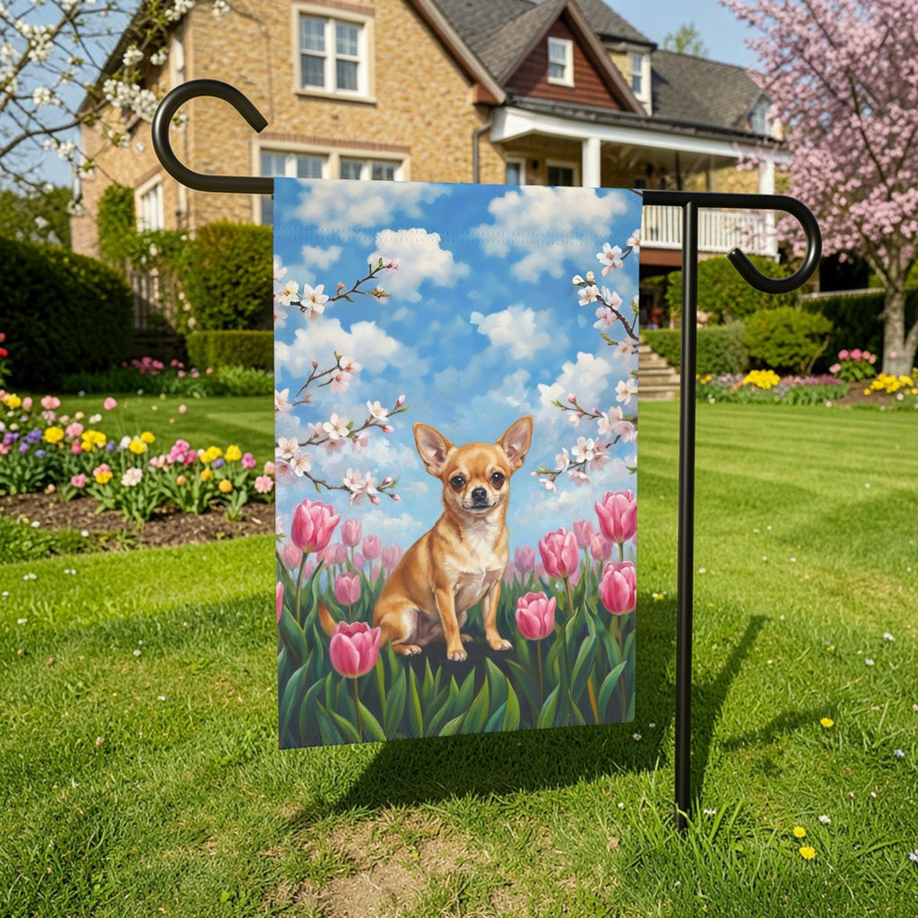 Pink Tulips Chihuahua Spring Garden Flag - front view - Dragonfire Gardens