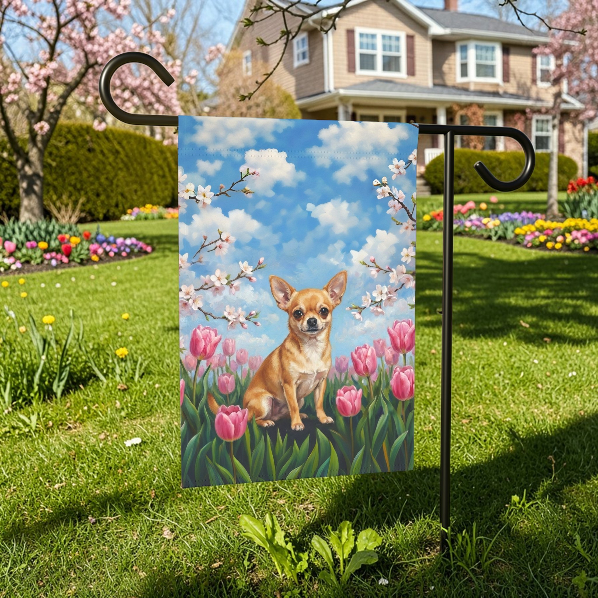 Pink Tulips Chihuahua Spring Garden Flag - size comparison - Dragonfire Gardens