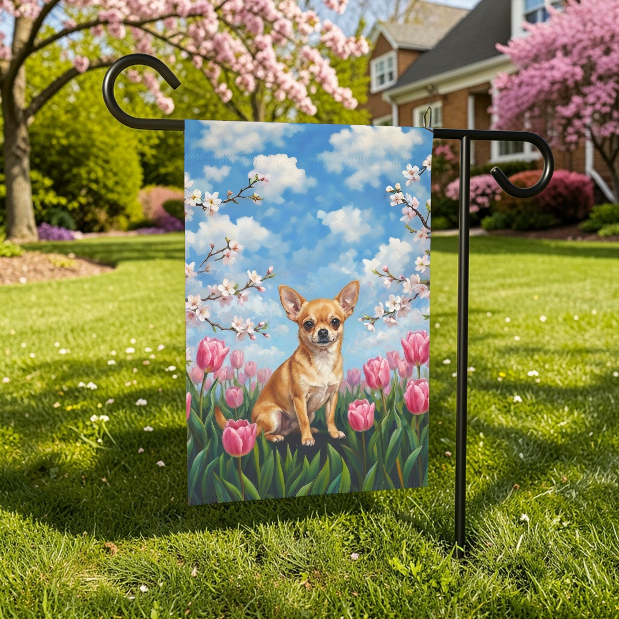 Pink Tulips Chihuahua Spring Garden Flag - lifestyle display - Dragonfire Gardens