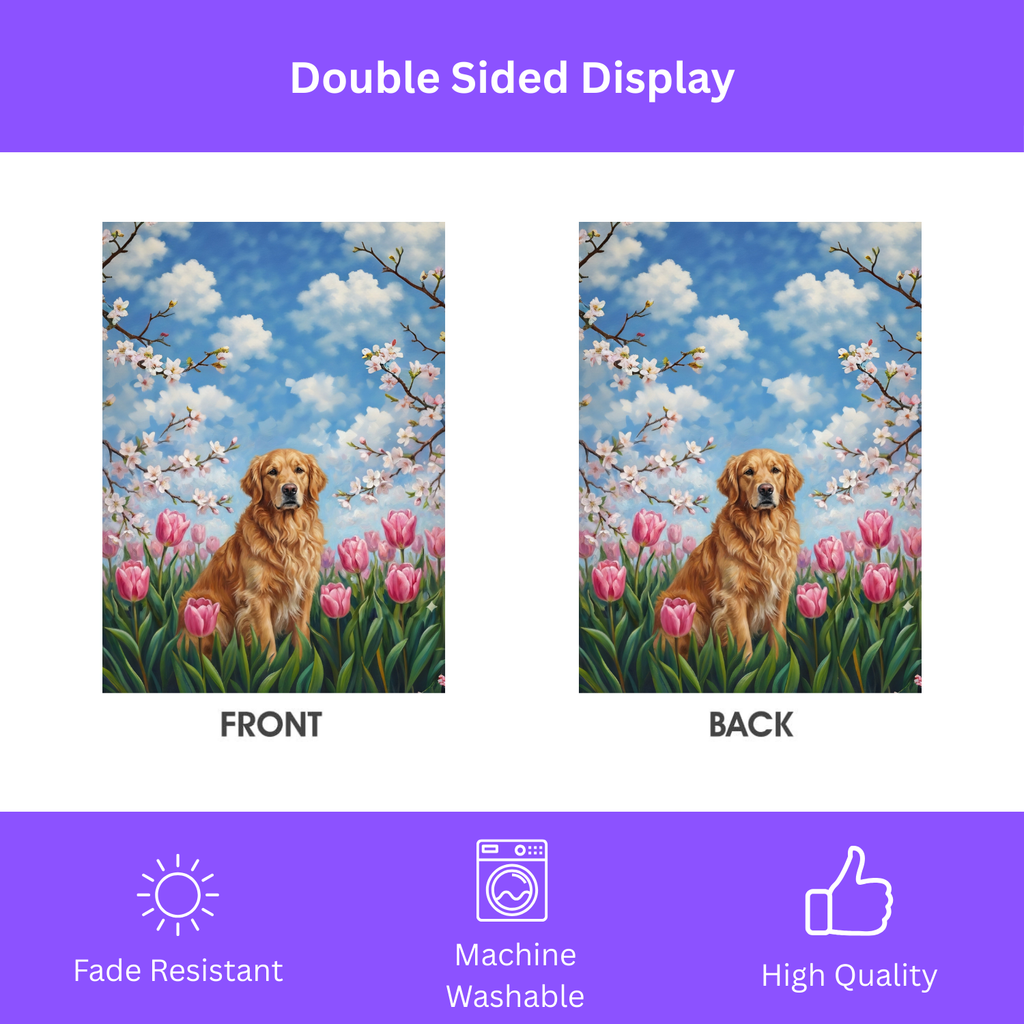 Pink Tulips Golden Retriever Spring Garden Flag