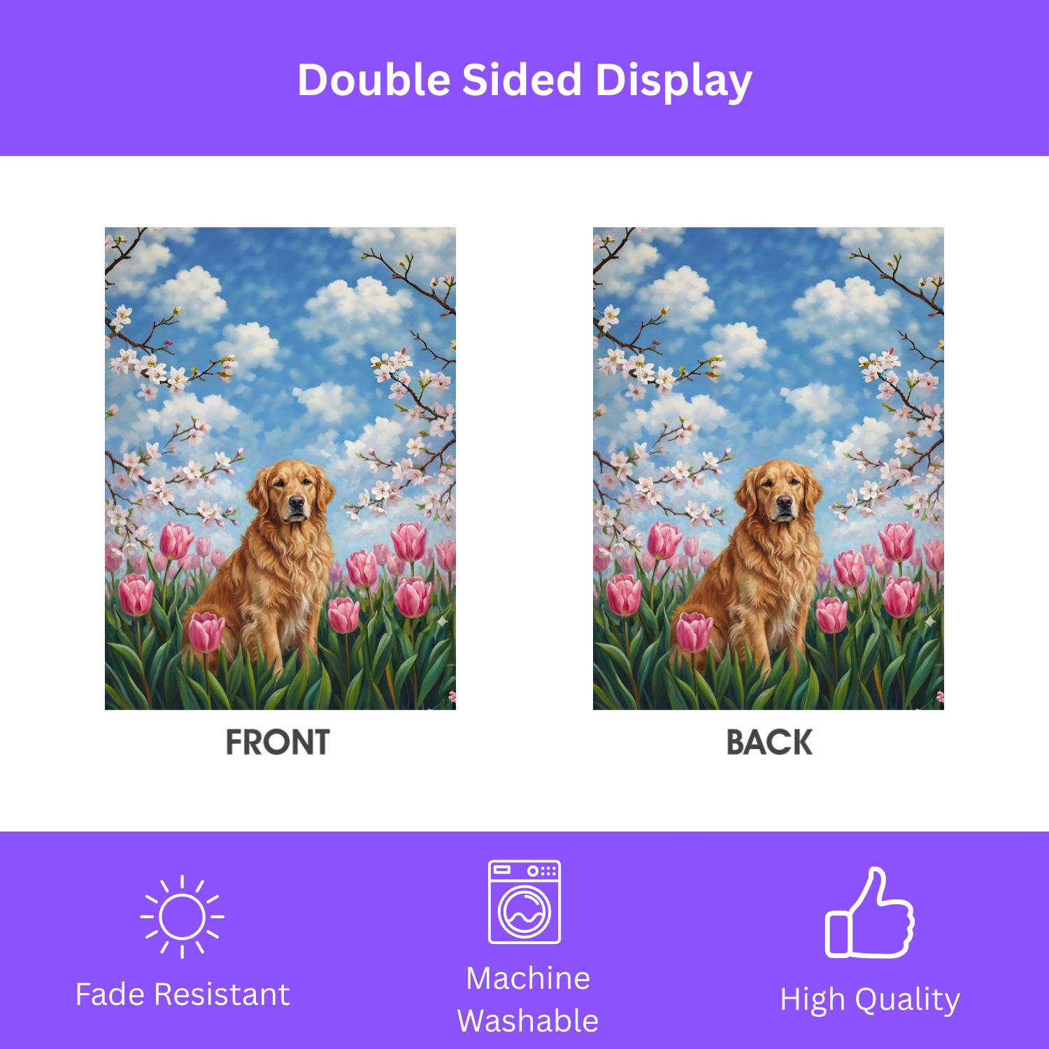 Pink Tulips Golden Retriever Spring Garden Flag