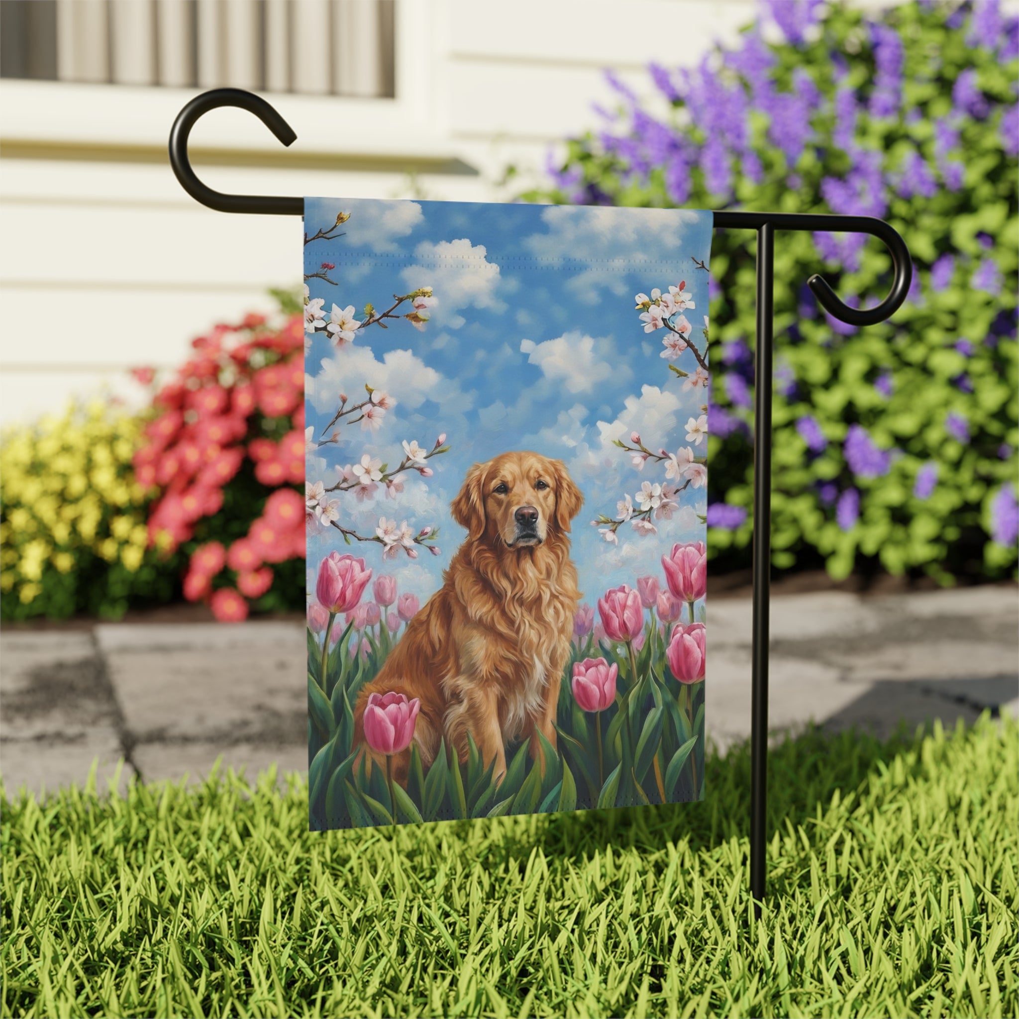 Pink Tulips Golden Retriever Spring Garden Flag