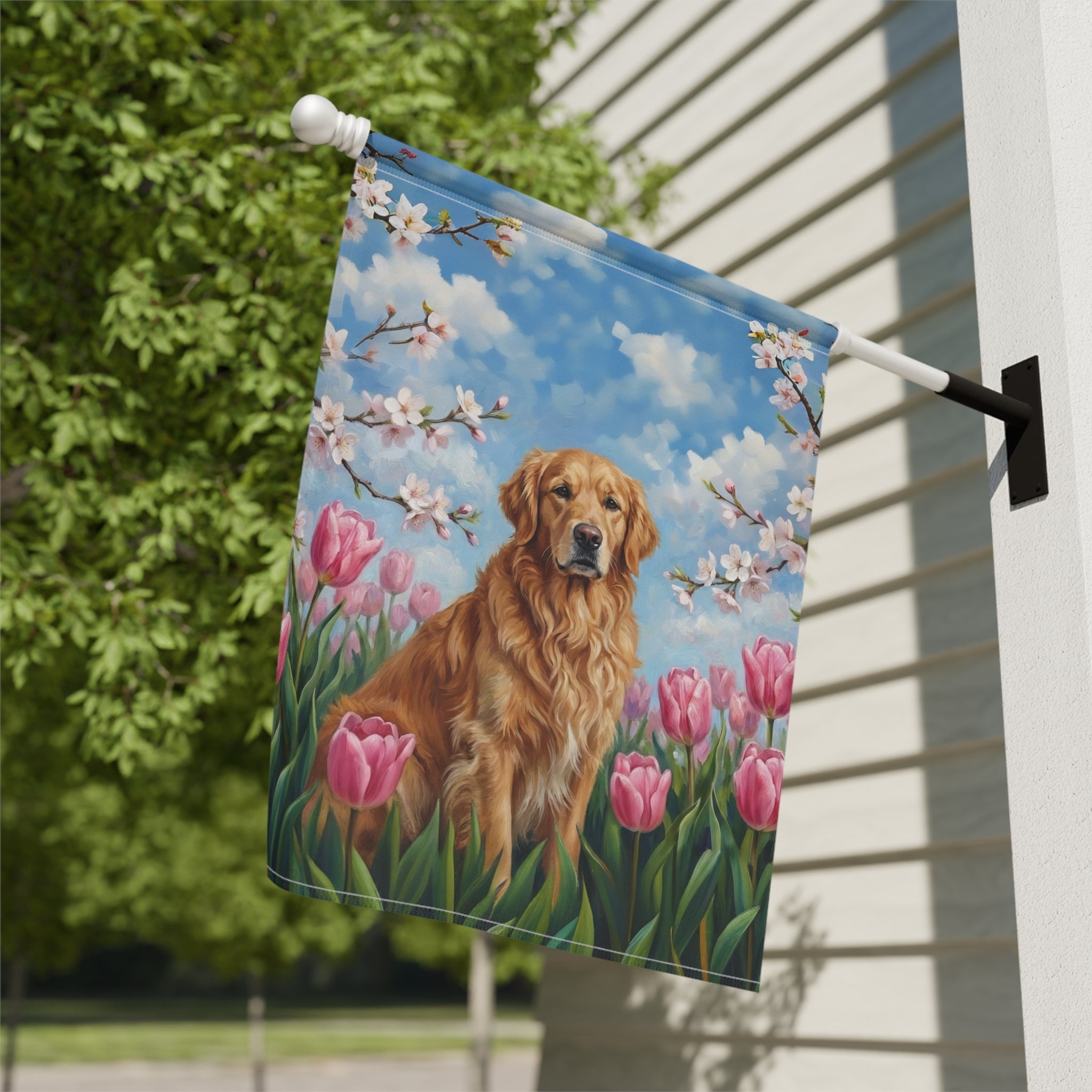 Pink Tulips Golden Retriever Spring Garden Flag - close-up detail - Dragonfire Gardens