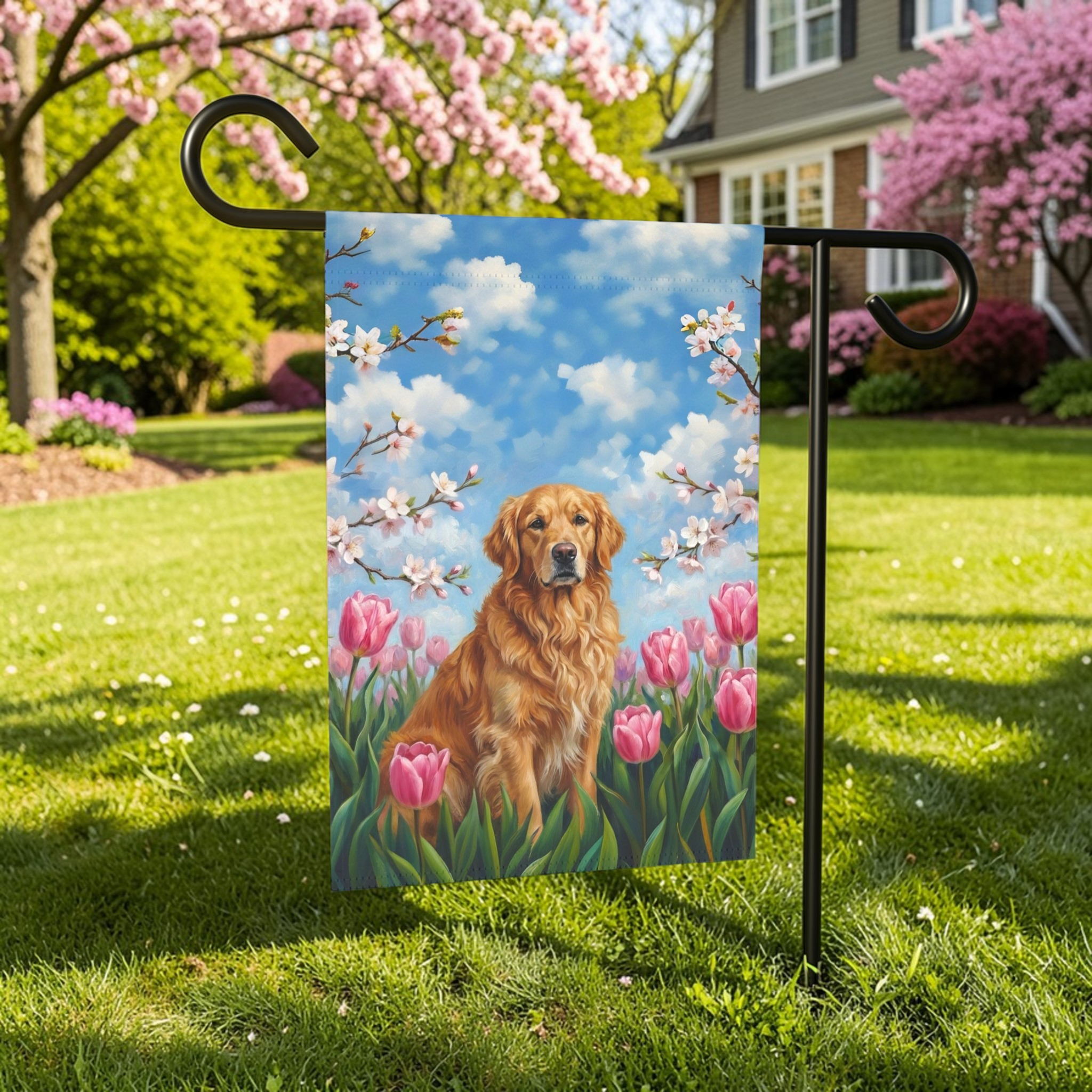 Pink Tulips Golden Retriever Spring Garden Flag