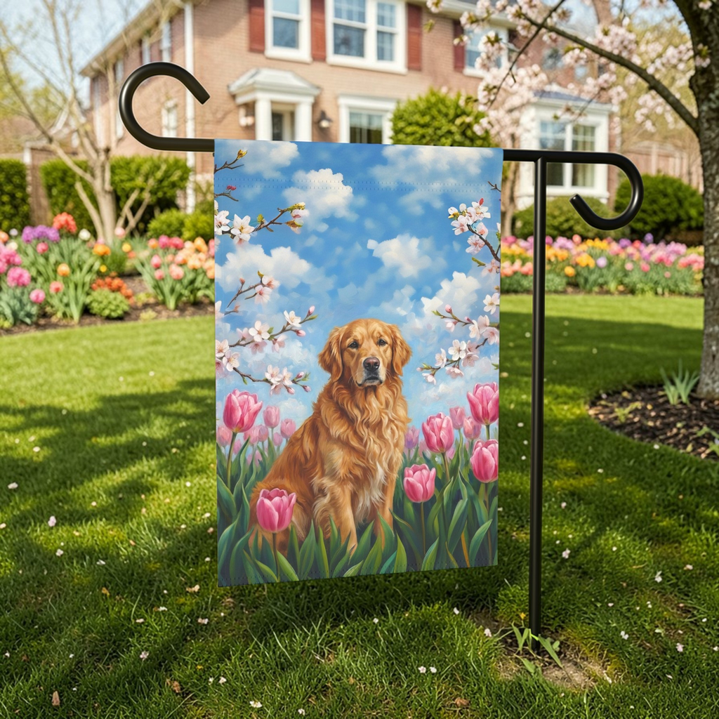 Pink Tulips Golden Retriever Spring Garden Flag