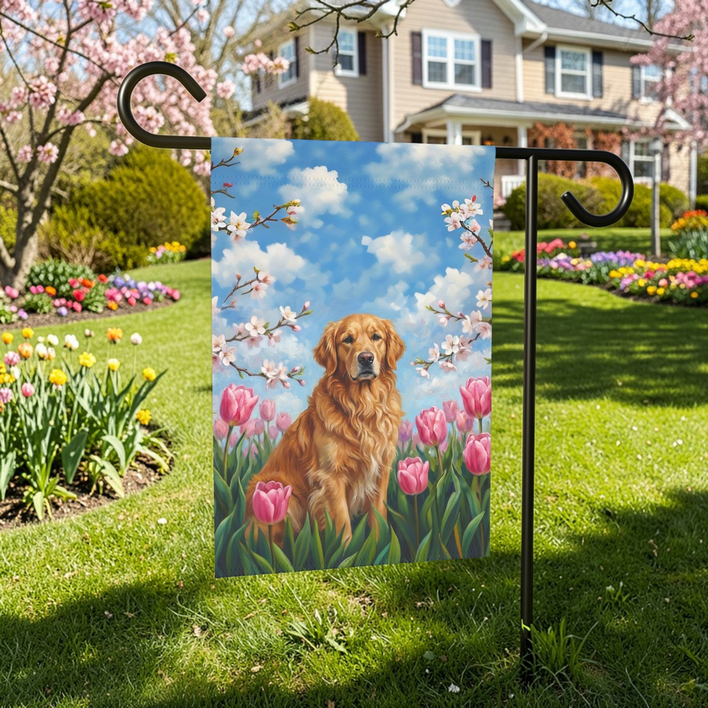 Pink Tulips Golden Retriever Spring Garden Flag
