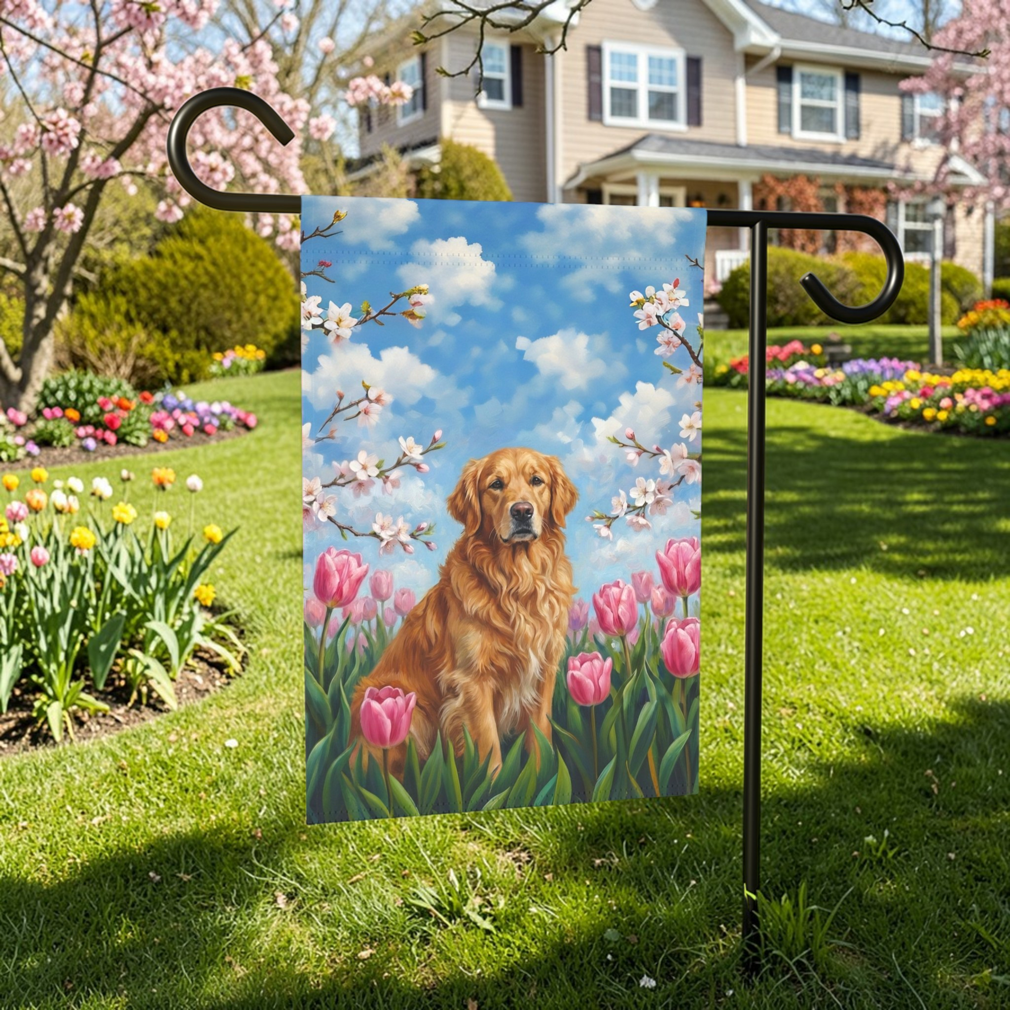 Pink Tulips Golden Retriever Spring Garden Flag
