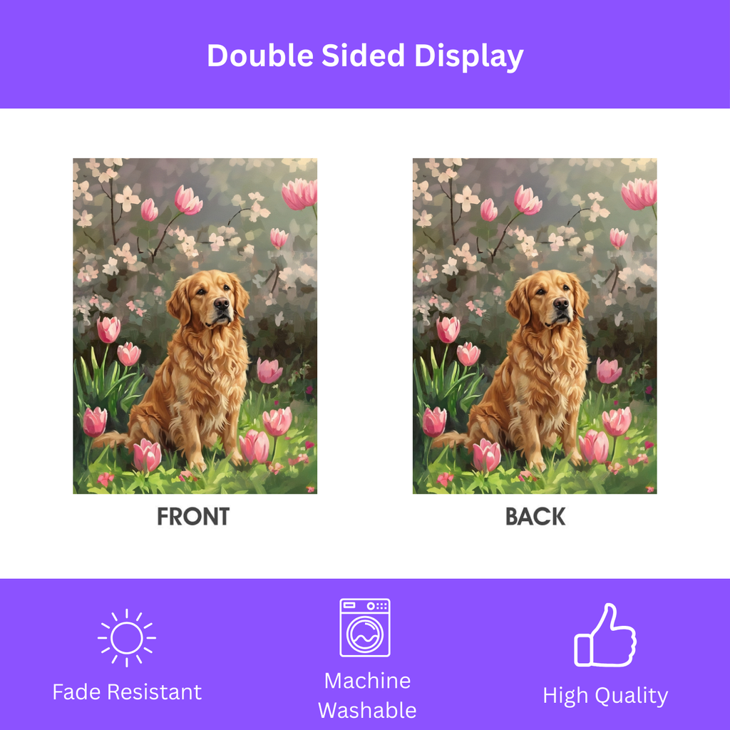 Pink Tulips and Golden Retriever Garden Flag