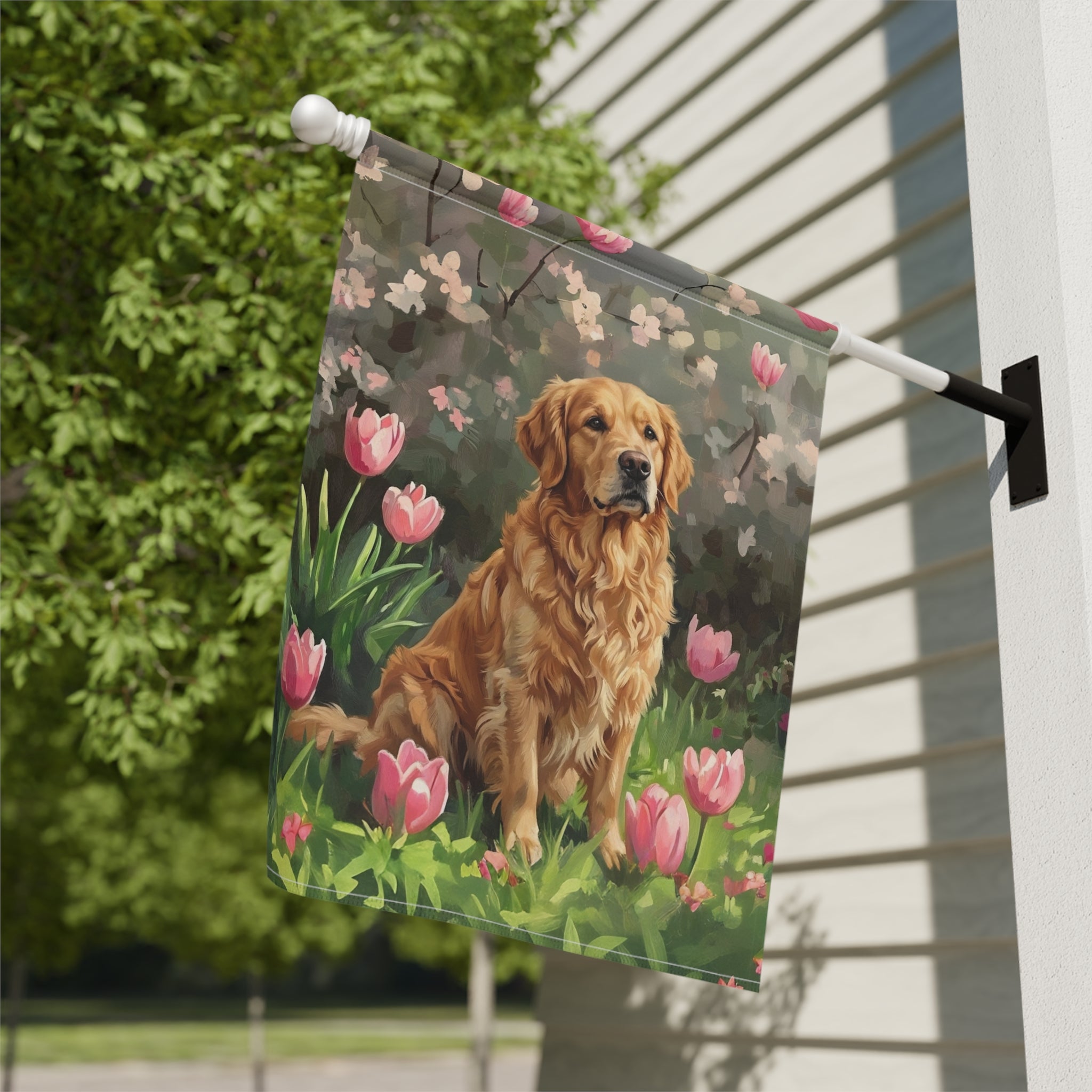 Pink Tulips and Golden Retriever Garden Flag