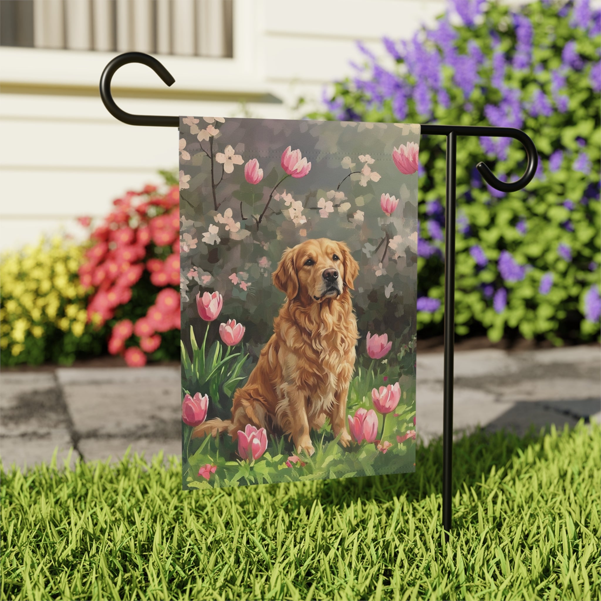 Pink Tulips and Golden Retriever Garden Flag