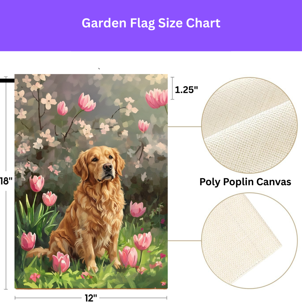 Pink Tulips and Golden Retriever Garden Flag