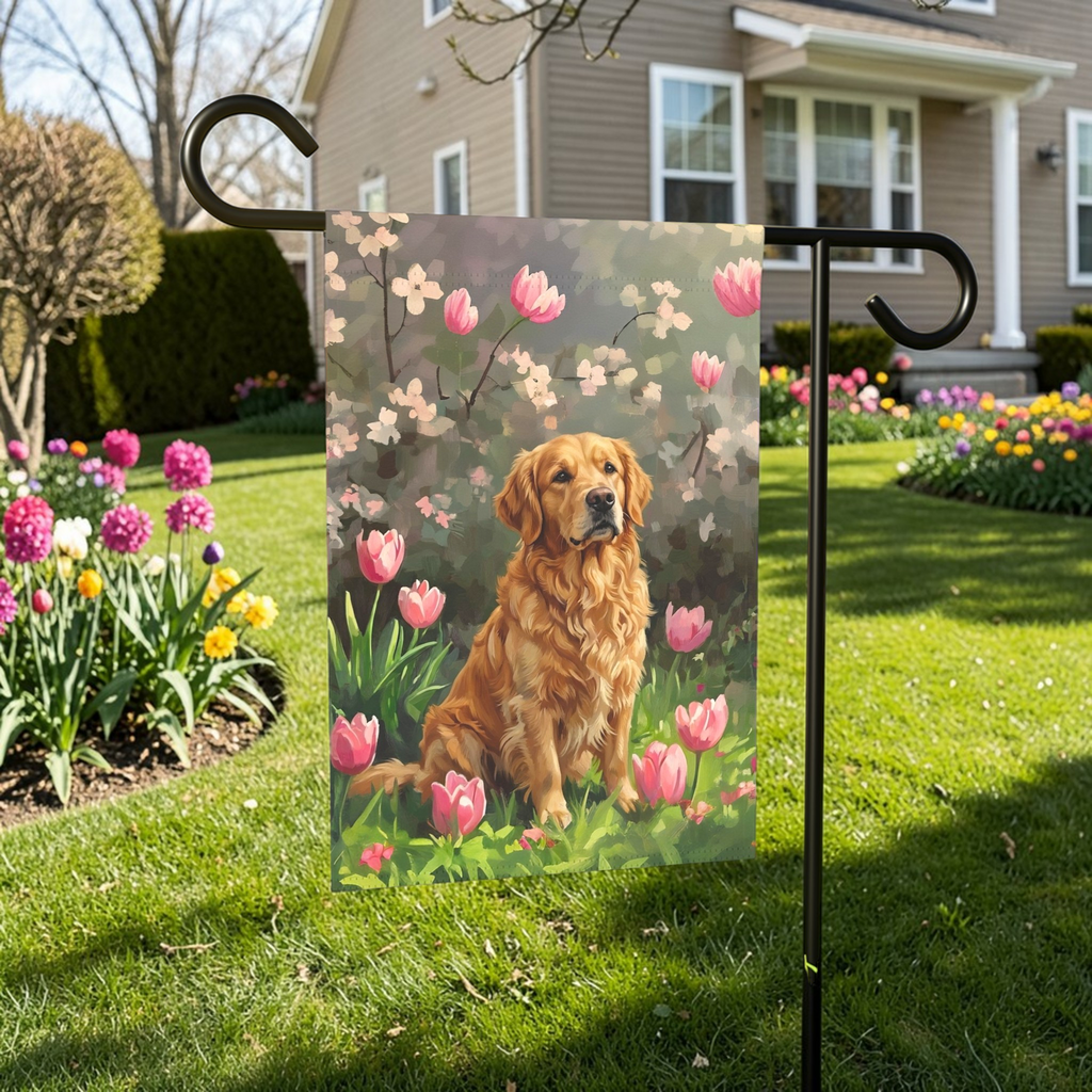 Pink Tulips and Golden Retriever Garden Flag